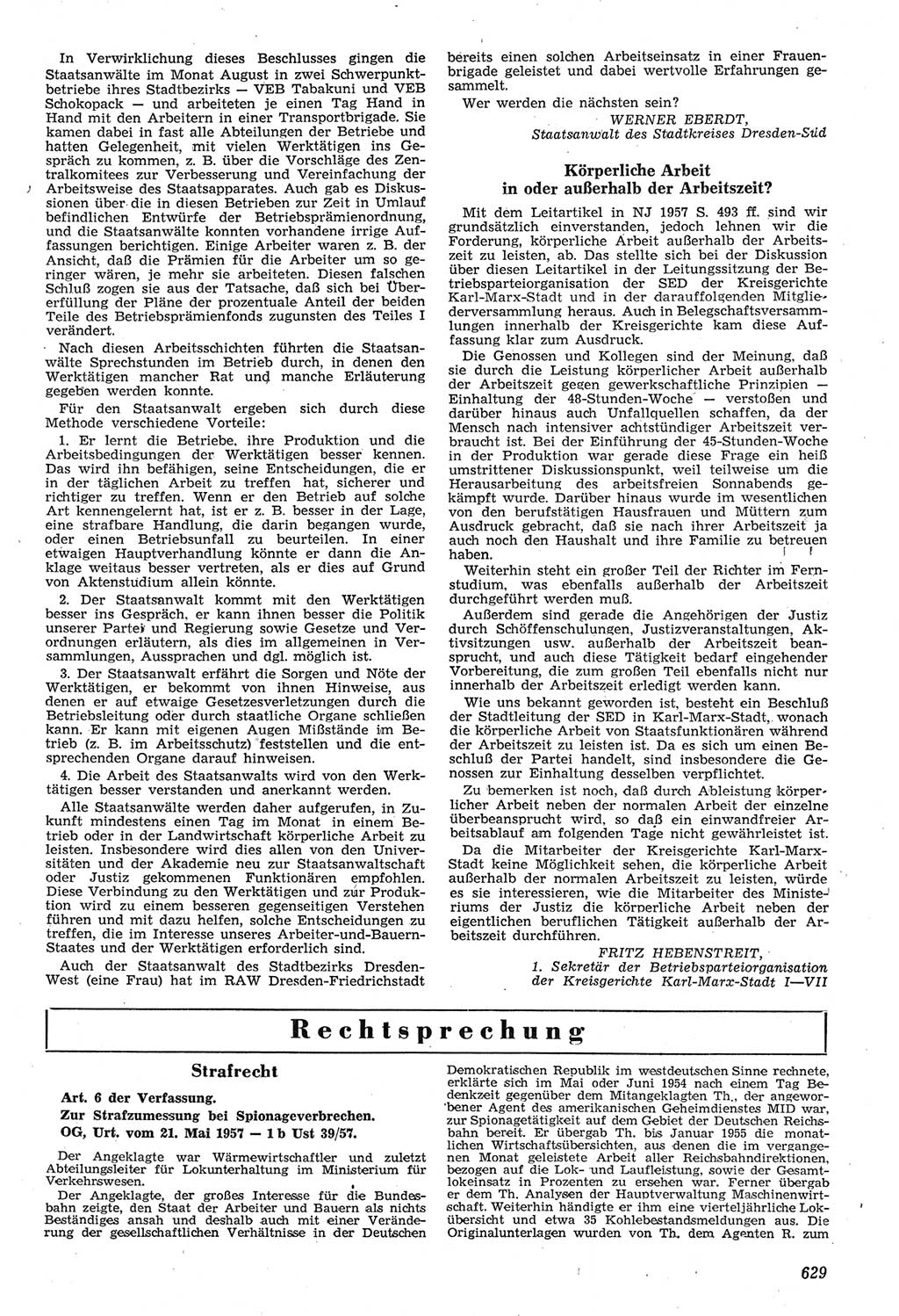 Neue Justiz (NJ), Zeitschrift für Recht und Rechtswissenschaft [Deutsche Demokratische Republik (DDR)], 11. Jahrgang 1957, Seite 629 (NJ DDR 1957, S. 629)