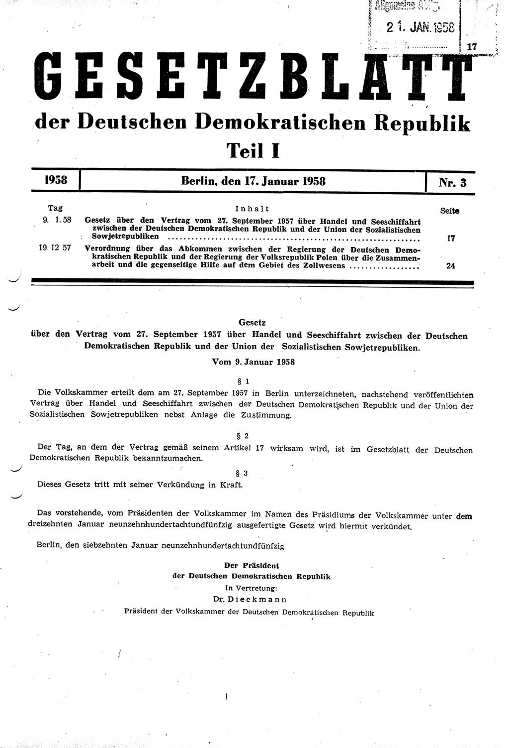 Gesetzblatt (GBl.) der Deutschen Demokratischen Republik (DDR) Teil Ⅰ 1958, Seite 17 (GBl. DDR Ⅰ 1958, S. 17)