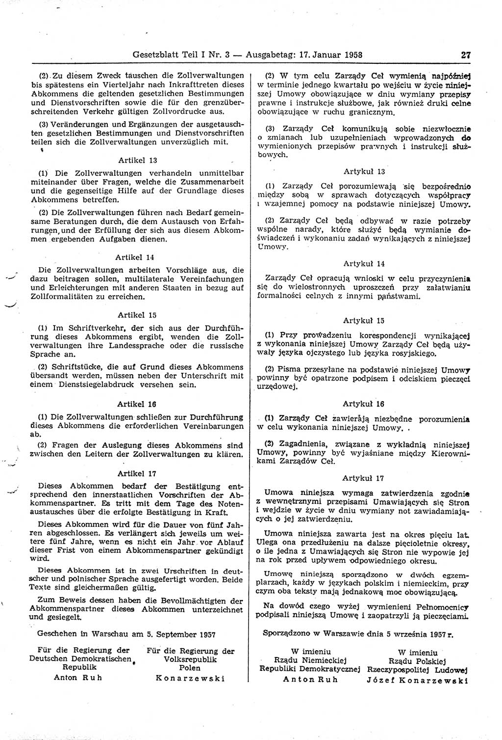 Gesetzblatt (GBl.) der Deutschen Demokratischen Republik (DDR) Teil Ⅰ 1958, Seite 27 (GBl. DDR Ⅰ 1958, S. 27)