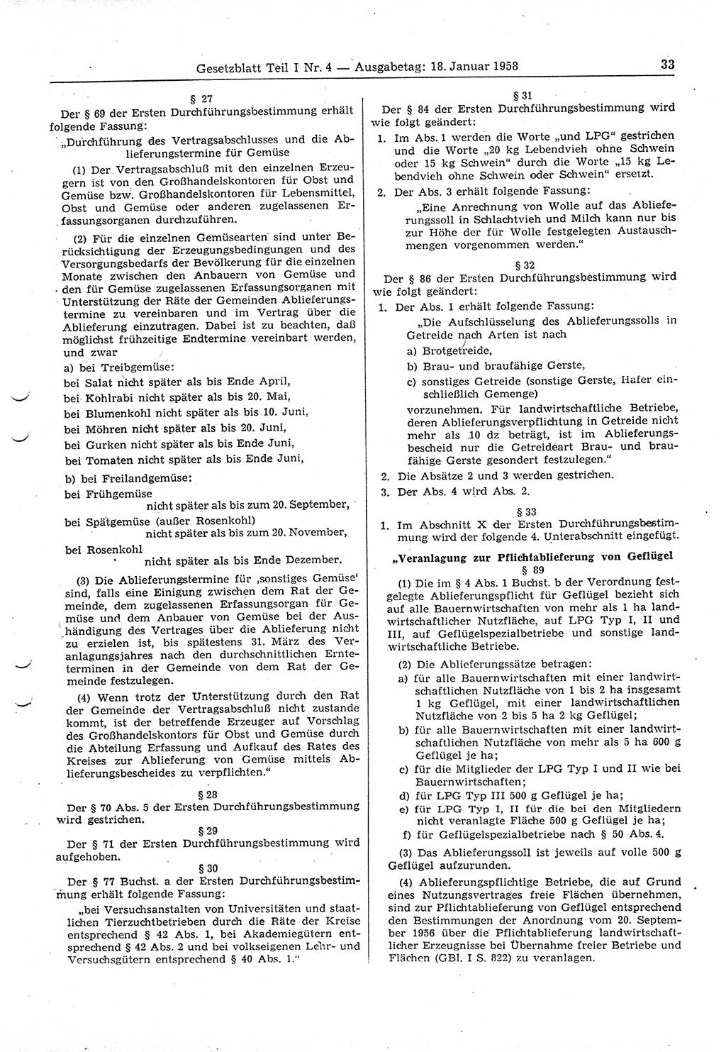 Gesetzblatt (GBl.) der Deutschen Demokratischen Republik (DDR) Teil Ⅰ 1958, Seite 33 (GBl. DDR Ⅰ 1958, S. 33)