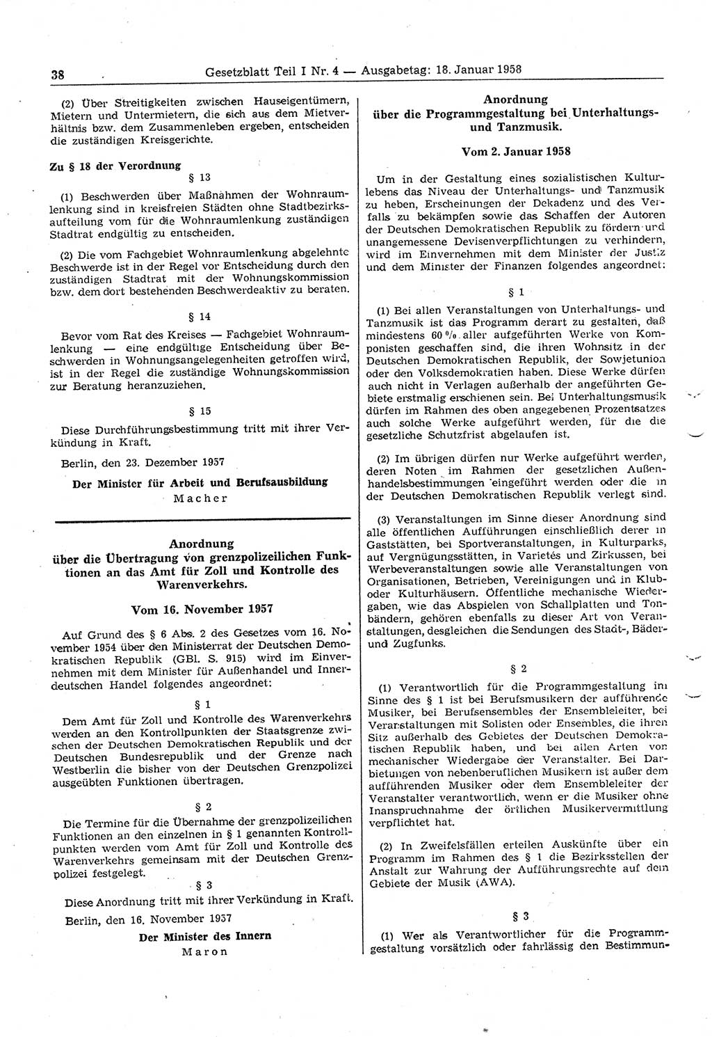 Gesetzblatt (GBl.) der Deutschen Demokratischen Republik (DDR) Teil Ⅰ 1958, Seite 38 (GBl. DDR Ⅰ 1958, S. 38)