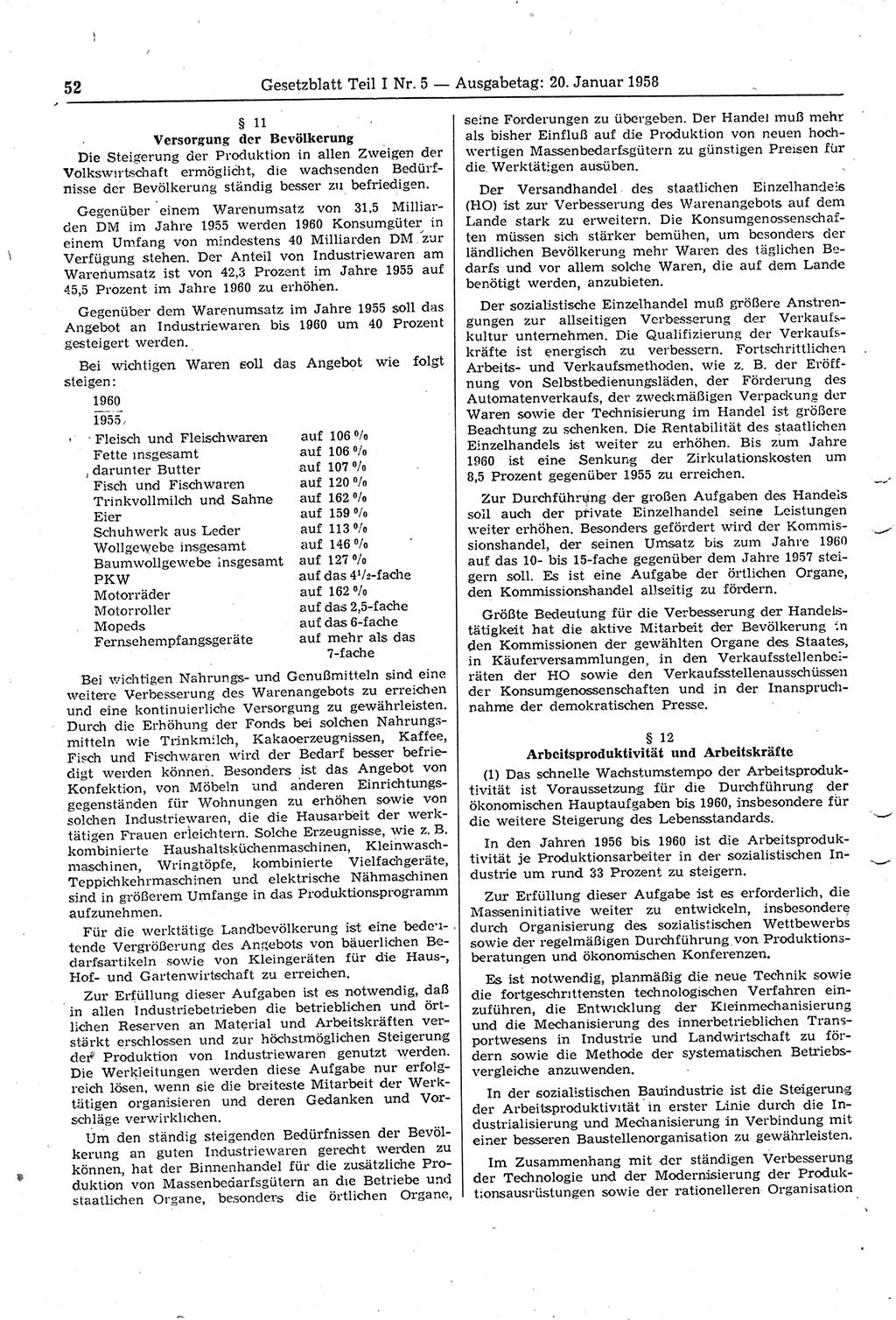 Gesetzblatt (GBl.) der Deutschen Demokratischen Republik (DDR) Teil Ⅰ 1958, Seite 52 (GBl. DDR Ⅰ 1958, S. 52)