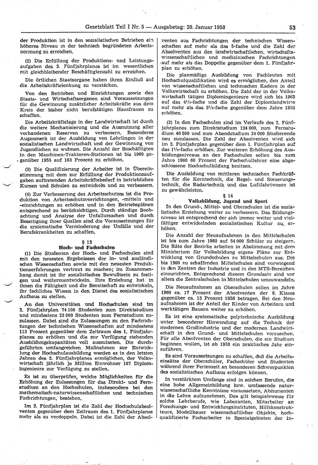 Gesetzblatt (GBl.) der Deutschen Demokratischen Republik (DDR) Teil Ⅰ 1958, Seite 53 (GBl. DDR Ⅰ 1958, S. 53)