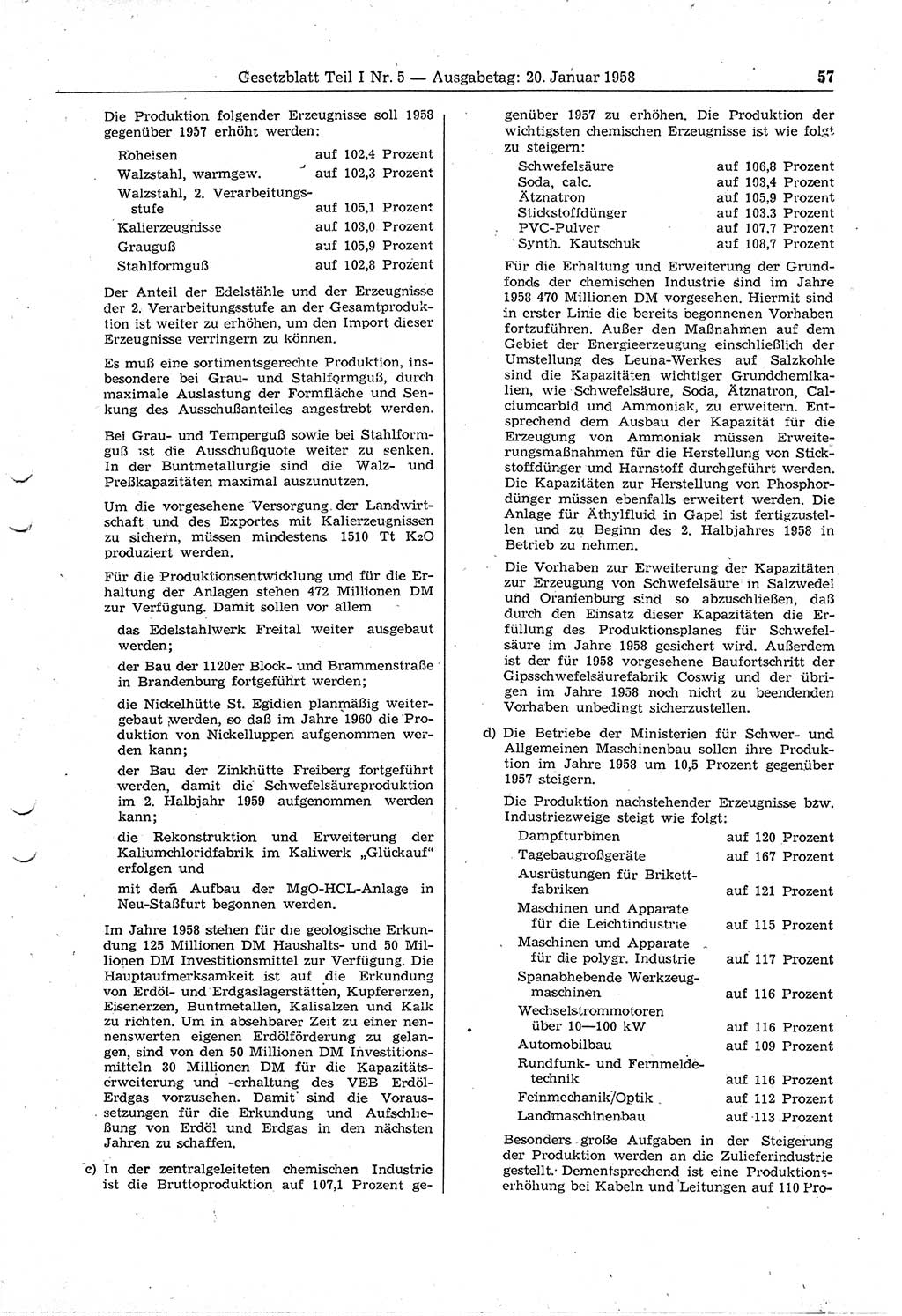 Gesetzblatt (GBl.) der Deutschen Demokratischen Republik (DDR) Teil Ⅰ 1958, Seite 57 (GBl. DDR Ⅰ 1958, S. 57)
