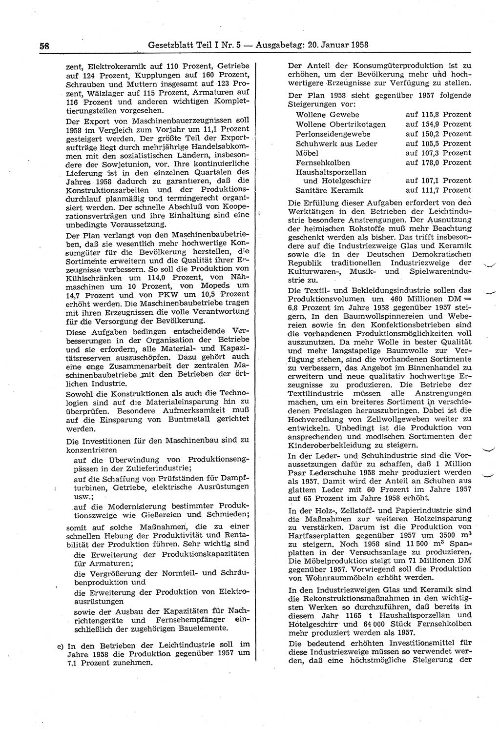 Gesetzblatt (GBl.) der Deutschen Demokratischen Republik (DDR) Teil Ⅰ 1958, Seite 58 (GBl. DDR Ⅰ 1958, S. 58)