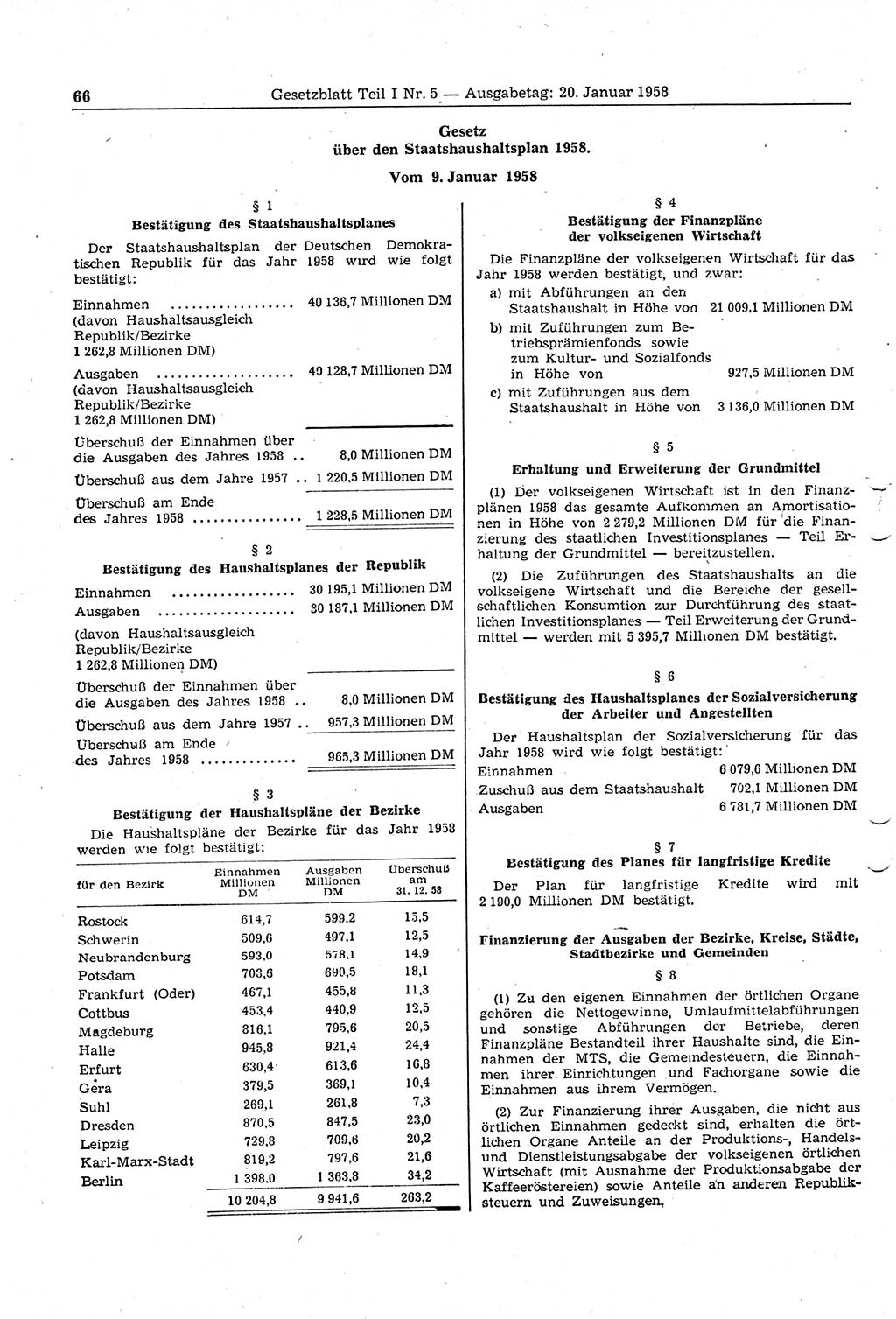 Gesetzblatt (GBl.) der Deutschen Demokratischen Republik (DDR) Teil Ⅰ 1958, Seite 66 (GBl. DDR Ⅰ 1958, S. 66)