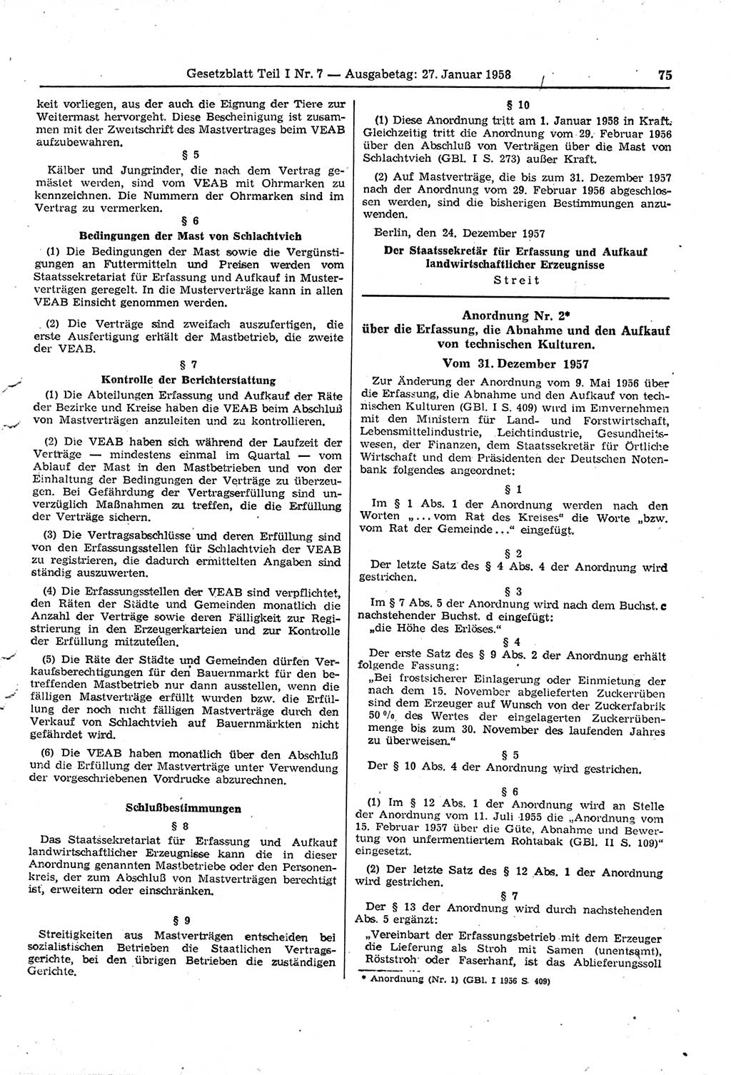 Gesetzblatt (GBl.) der Deutschen Demokratischen Republik (DDR) Teil Ⅰ 1958, Seite 75 (GBl. DDR Ⅰ 1958, S. 75)