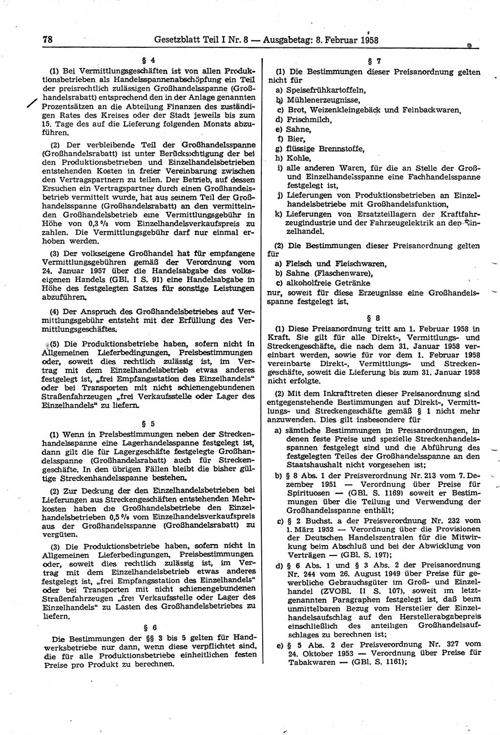 Gesetzblatt (GBl.) der Deutschen Demokratischen Republik (DDR) Teil Ⅰ 1958, Seite 78 (GBl. DDR Ⅰ 1958, S. 78)