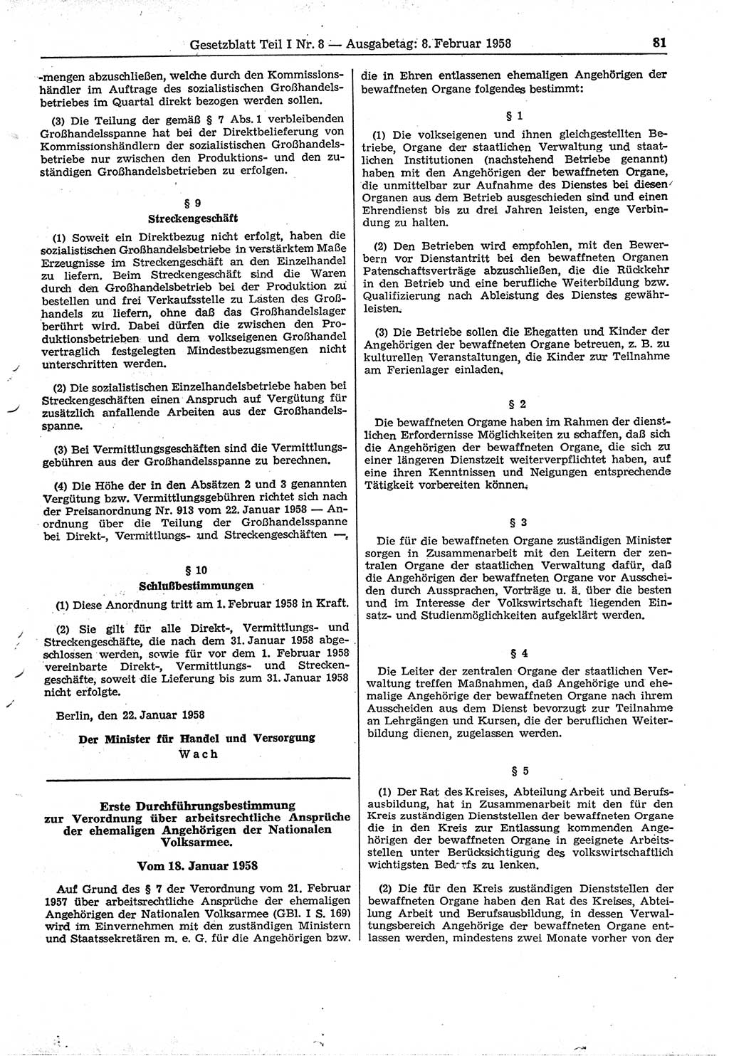 Gesetzblatt (GBl.) der Deutschen Demokratischen Republik (DDR) Teil Ⅰ 1958, Seite 81 (GBl. DDR Ⅰ 1958, S. 81)