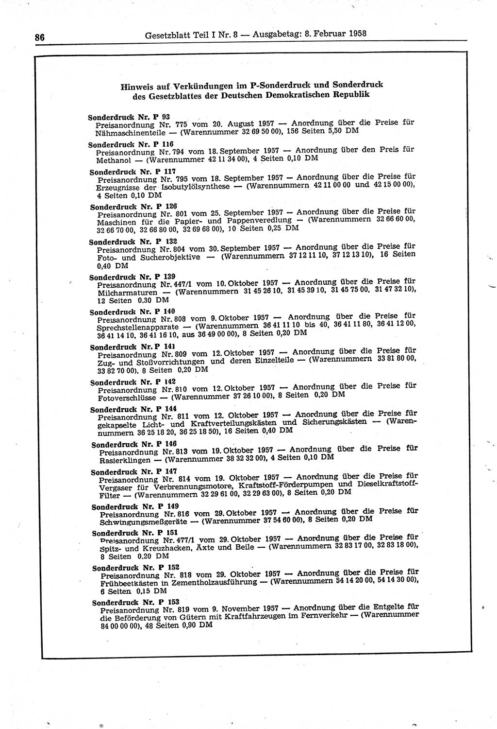 Gesetzblatt (GBl.) der Deutschen Demokratischen Republik (DDR) Teil Ⅰ 1958, Seite 86 (GBl. DDR Ⅰ 1958, S. 86)