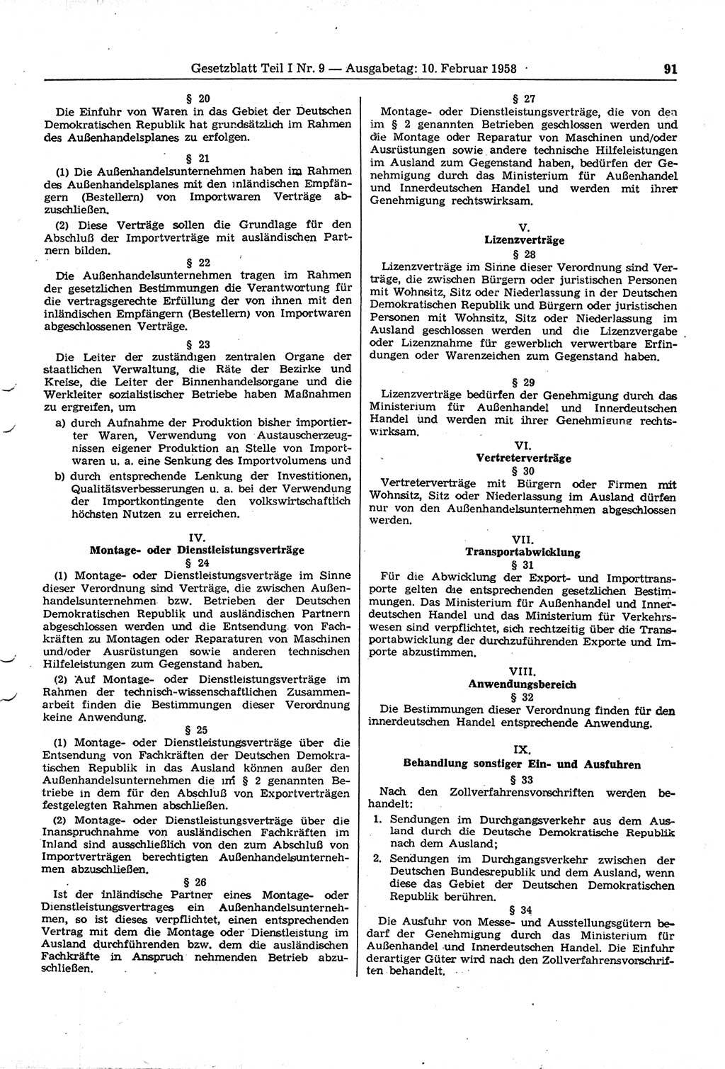 Gesetzblatt (GBl.) der Deutschen Demokratischen Republik (DDR) Teil Ⅰ 1958, Seite 91 (GBl. DDR Ⅰ 1958, S. 91)