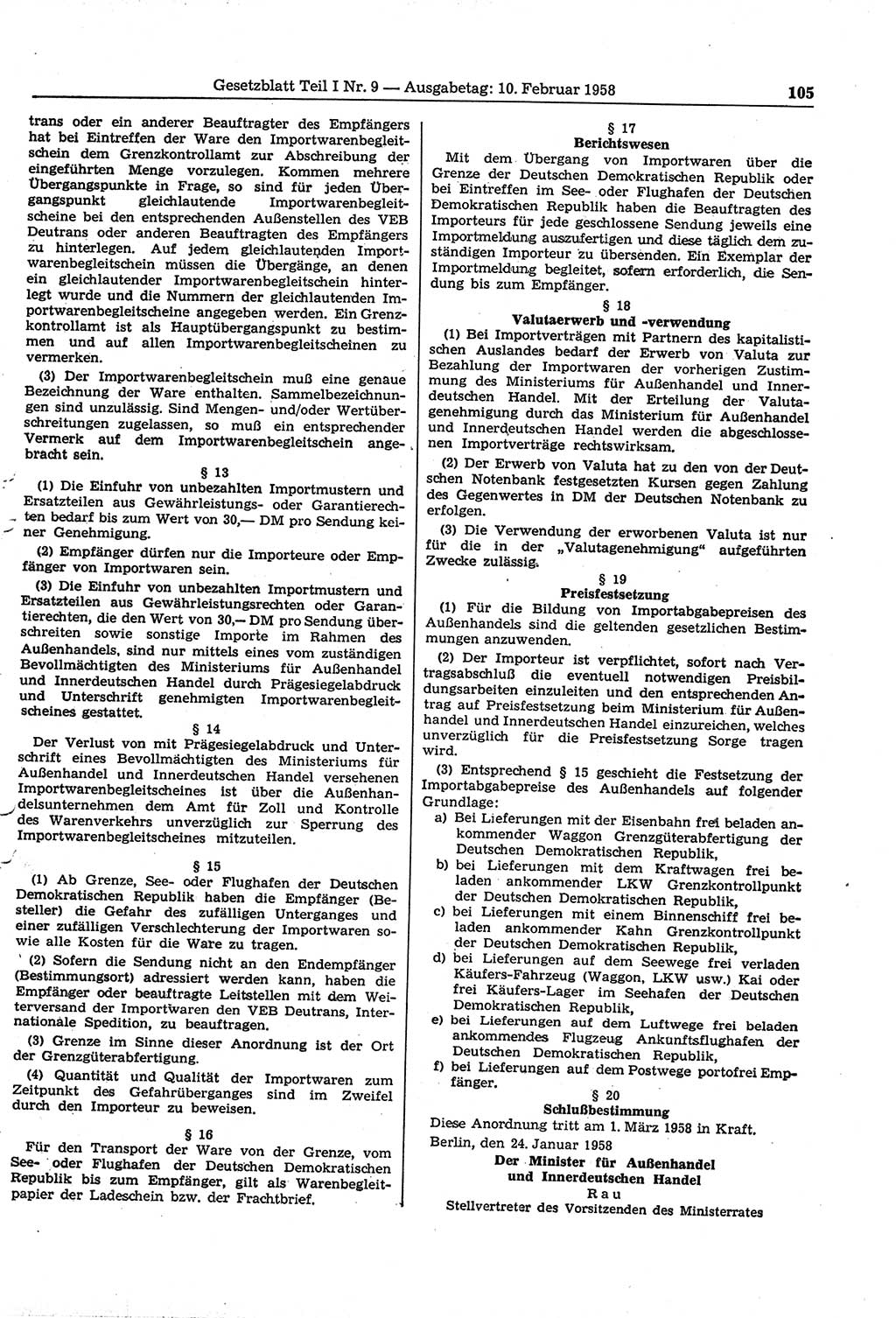 Gesetzblatt (GBl.) der Deutschen Demokratischen Republik (DDR) Teil Ⅰ 1958, Seite 105 (GBl. DDR Ⅰ 1958, S. 105)