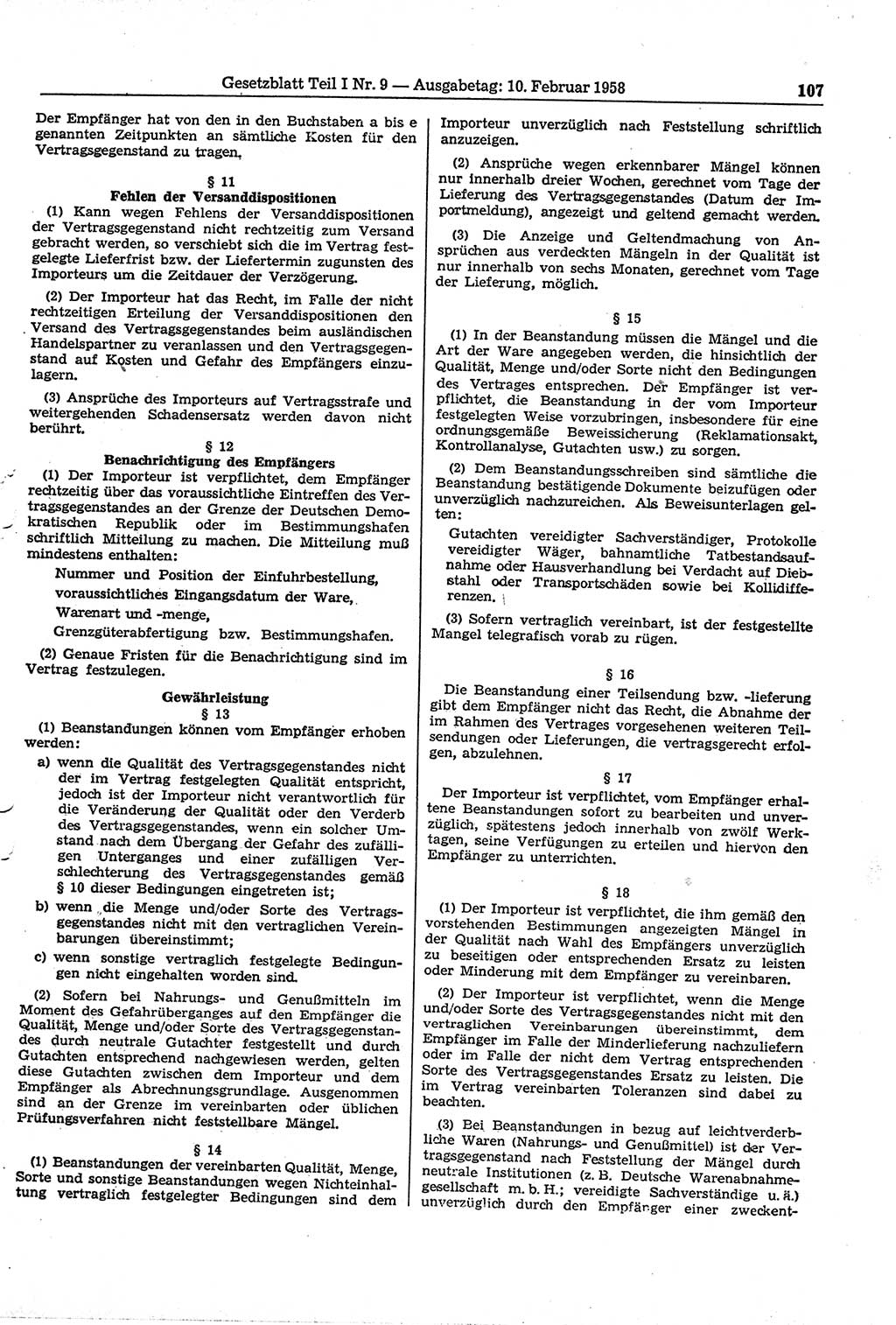 Gesetzblatt (GBl.) der Deutschen Demokratischen Republik (DDR) Teil Ⅰ 1958, Seite 107 (GBl. DDR Ⅰ 1958, S. 107)