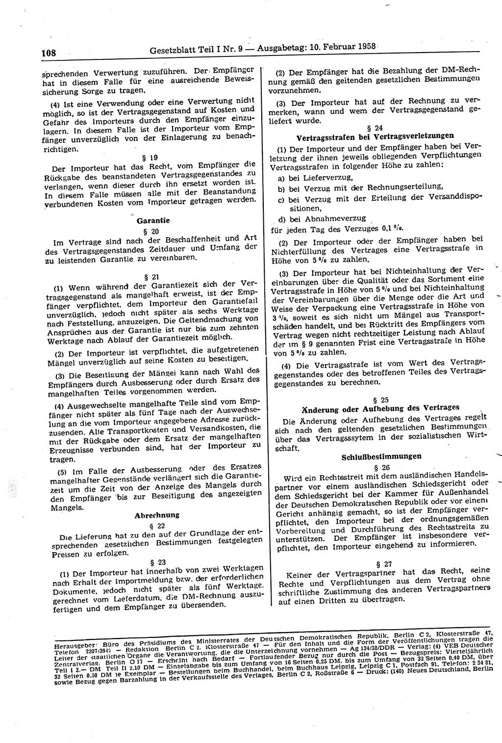 Gesetzblatt (GBl.) der Deutschen Demokratischen Republik (DDR) Teil Ⅰ 1958, Seite 108 (GBl. DDR Ⅰ 1958, S. 108)