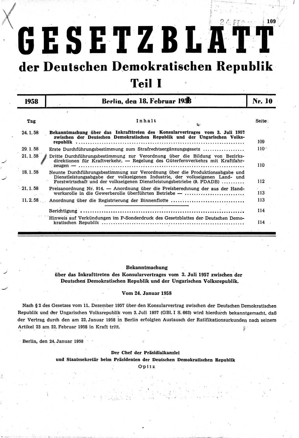 Gesetzblatt (GBl.) der Deutschen Demokratischen Republik (DDR) Teil Ⅰ 1958, Seite 109 (GBl. DDR Ⅰ 1958, S. 109)