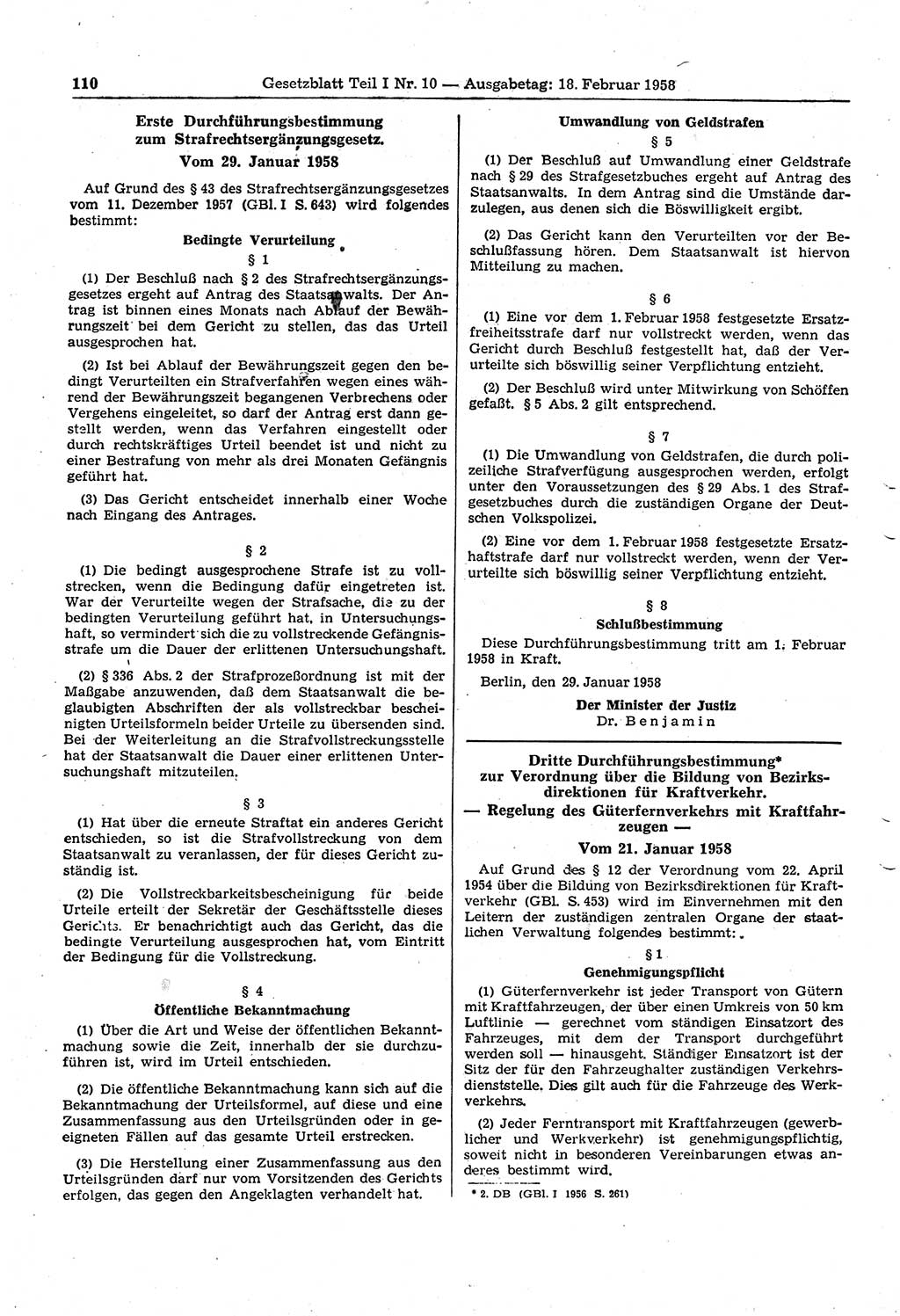 Gesetzblatt (GBl.) der Deutschen Demokratischen Republik (DDR) Teil Ⅰ 1958, Seite 110 (GBl. DDR Ⅰ 1958, S. 110)