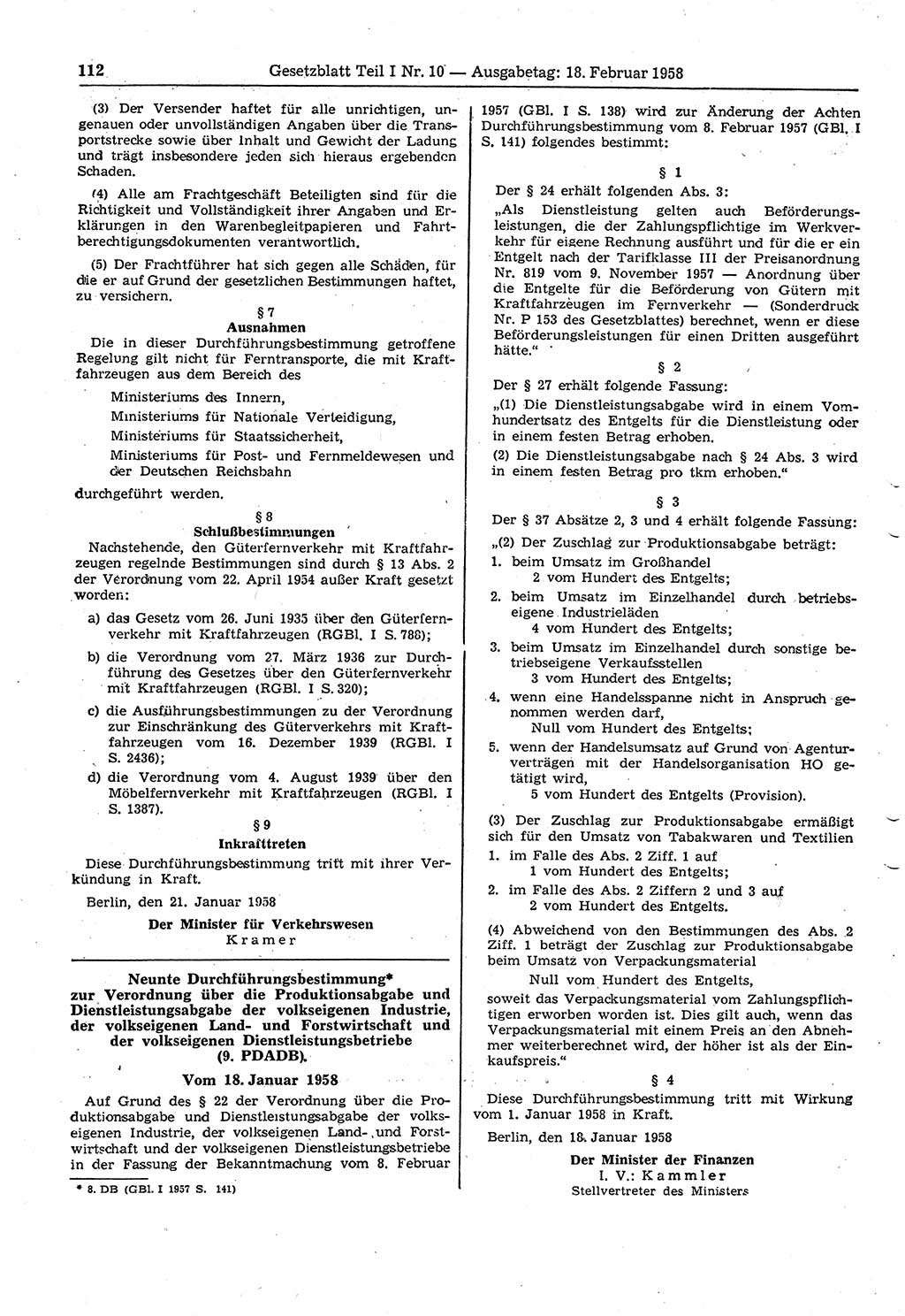 Gesetzblatt (GBl.) der Deutschen Demokratischen Republik (DDR) Teil Ⅰ 1958, Seite 112 (GBl. DDR Ⅰ 1958, S. 112)