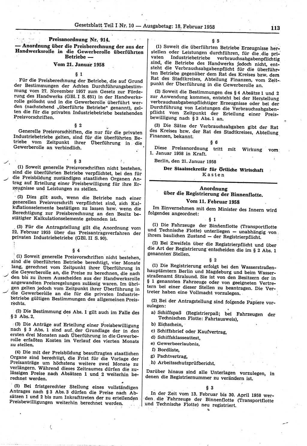 Gesetzblatt (GBl.) der Deutschen Demokratischen Republik (DDR) Teil Ⅰ 1958, Seite 113 (GBl. DDR Ⅰ 1958, S. 113)