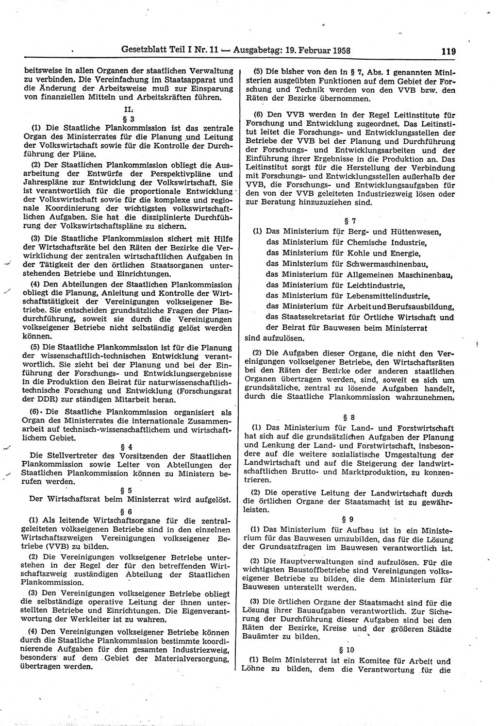 Gesetzblatt (GBl.) der Deutschen Demokratischen Republik (DDR) Teil Ⅰ 1958, Seite 119 (GBl. DDR Ⅰ 1958, S. 119)