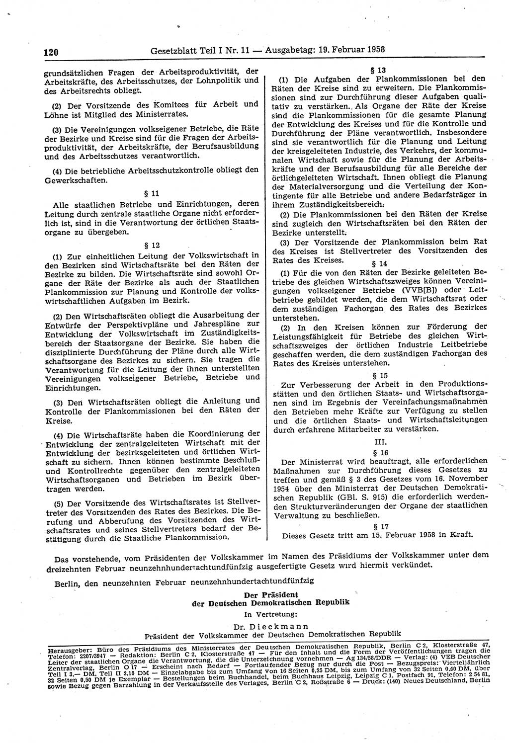 Gesetzblatt (GBl.) der Deutschen Demokratischen Republik (DDR) Teil Ⅰ 1958, Seite 120 (GBl. DDR Ⅰ 1958, S. 120)