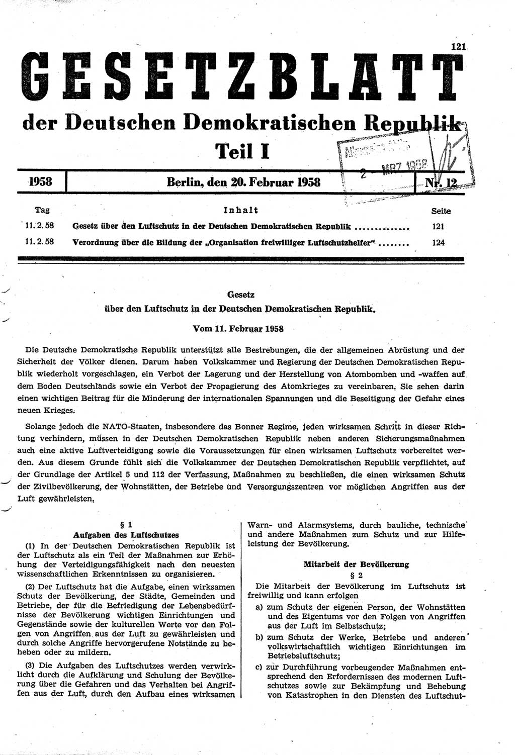 Gesetzblatt (GBl.) der Deutschen Demokratischen Republik (DDR) Teil Ⅰ 1958, Seite 121 (GBl. DDR Ⅰ 1958, S. 121)