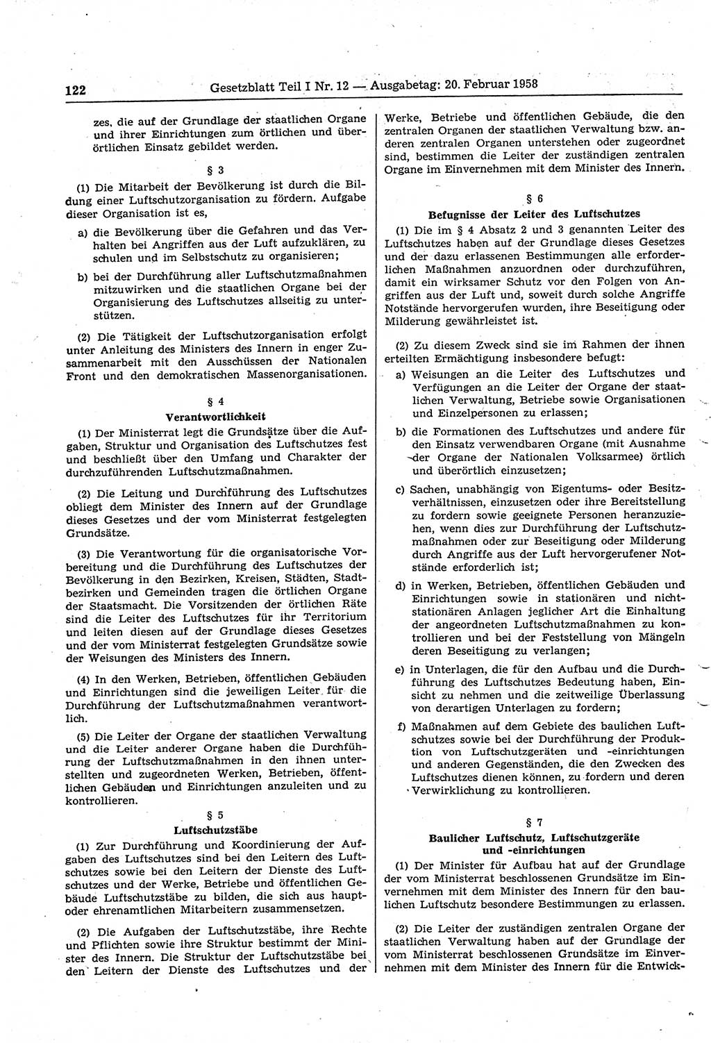Gesetzblatt (GBl.) der Deutschen Demokratischen Republik (DDR) Teil Ⅰ 1958, Seite 122 (GBl. DDR Ⅰ 1958, S. 122)