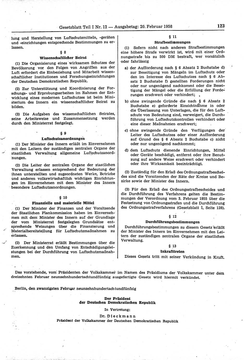 Gesetzblatt (GBl.) der Deutschen Demokratischen Republik (DDR) Teil Ⅰ 1958, Seite 123 (GBl. DDR Ⅰ 1958, S. 123)