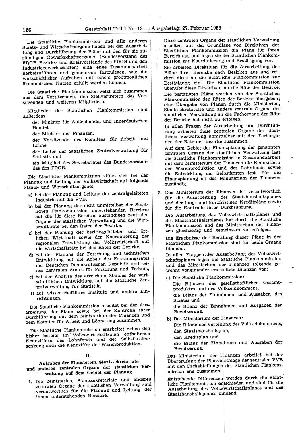 Gesetzblatt (GBl.) der Deutschen Demokratischen Republik (DDR) Teil Ⅰ 1958, Seite 126 (GBl. DDR Ⅰ 1958, S. 126)