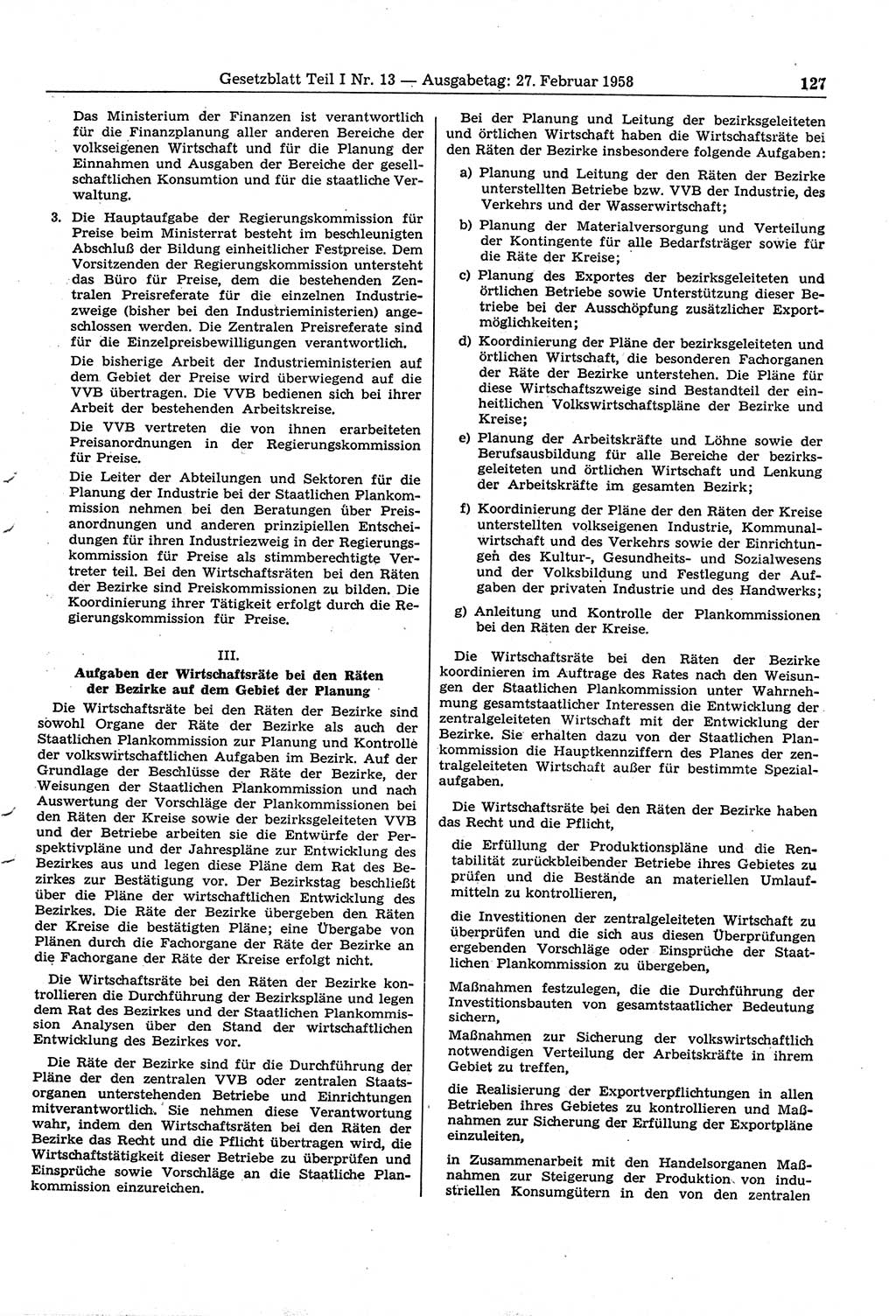Gesetzblatt (GBl.) der Deutschen Demokratischen Republik (DDR) Teil Ⅰ 1958, Seite 127 (GBl. DDR Ⅰ 1958, S. 127)