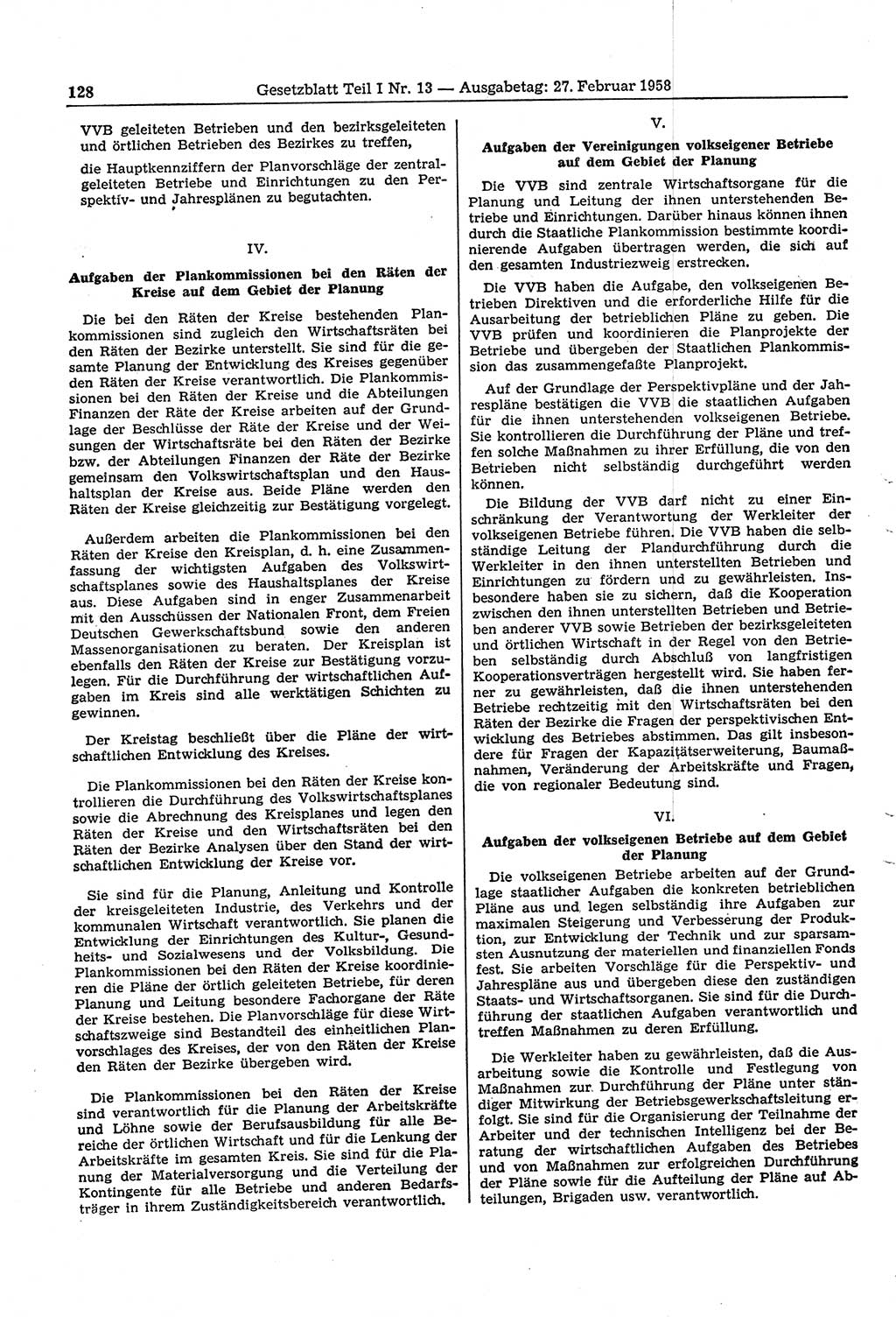Gesetzblatt (GBl.) der Deutschen Demokratischen Republik (DDR) Teil Ⅰ 1958, Seite 128 (GBl. DDR Ⅰ 1958, S. 128)