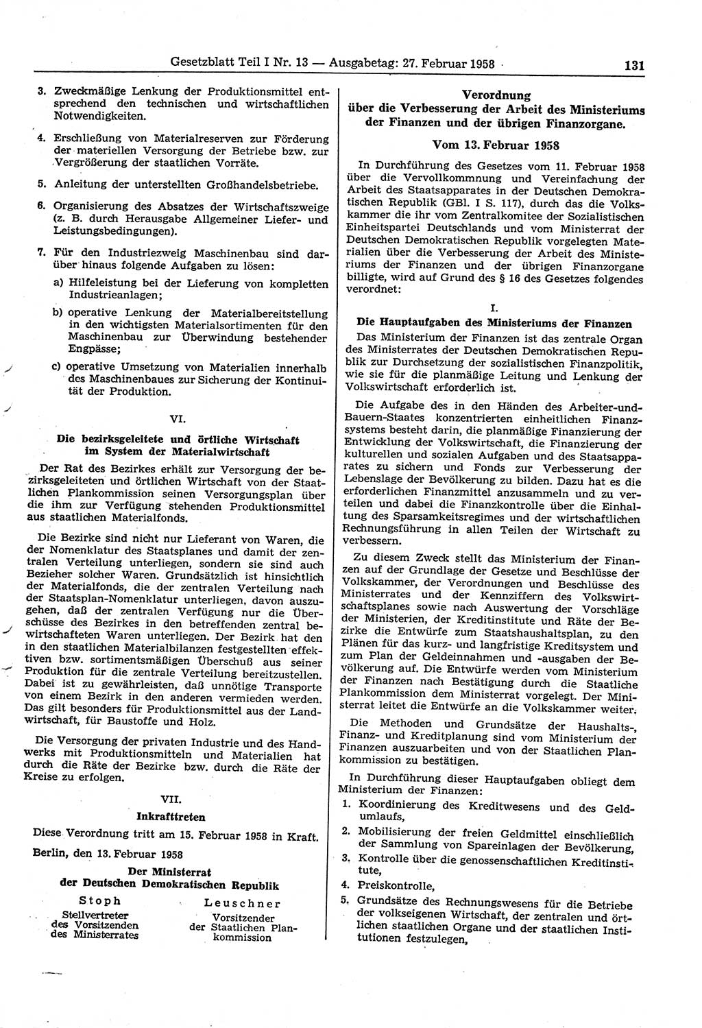 Gesetzblatt (GBl.) der Deutschen Demokratischen Republik (DDR) Teil Ⅰ 1958, Seite 131 (GBl. DDR Ⅰ 1958, S. 131)