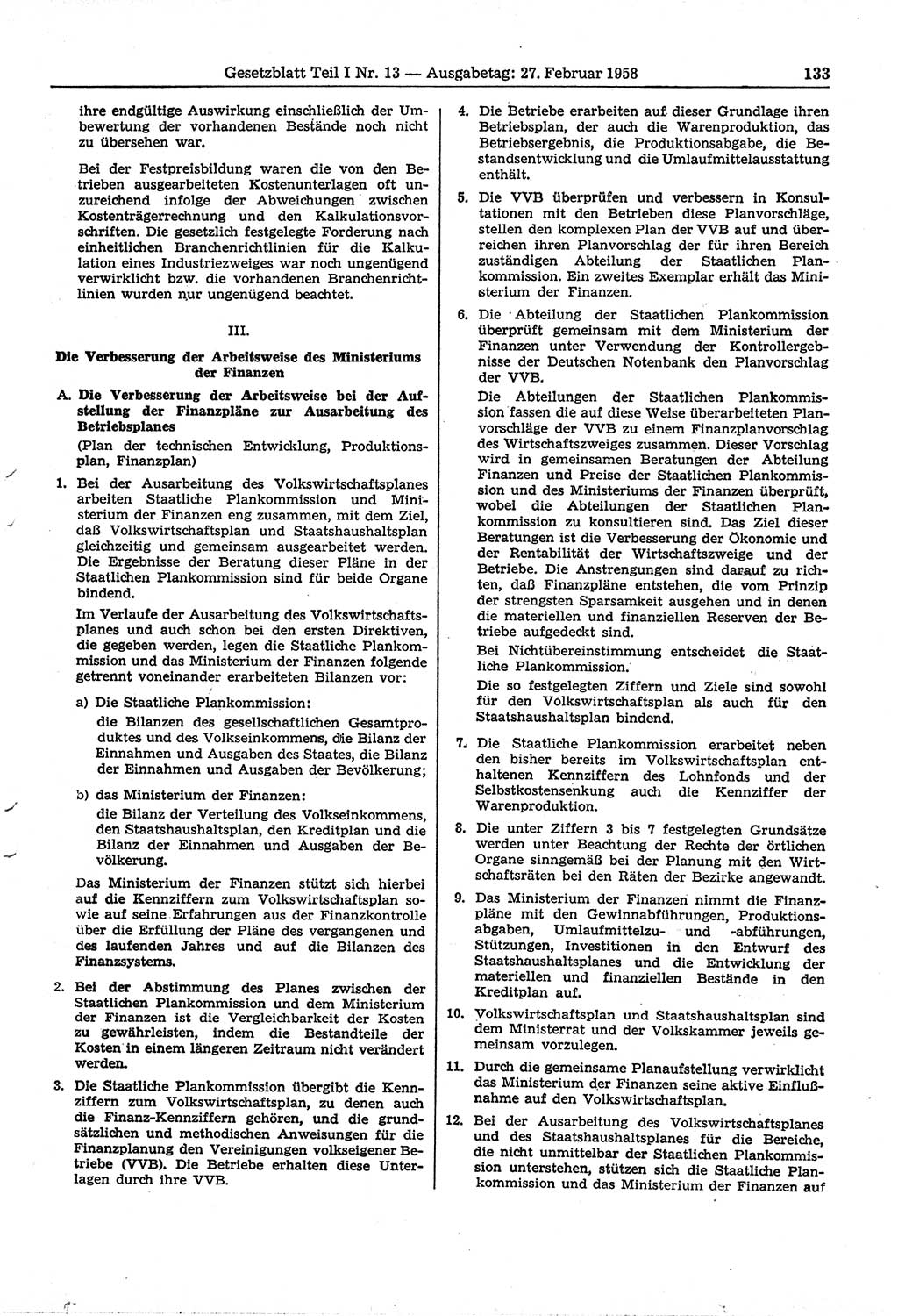 Gesetzblatt (GBl.) der Deutschen Demokratischen Republik (DDR) Teil Ⅰ 1958, Seite 133 (GBl. DDR Ⅰ 1958, S. 133)
