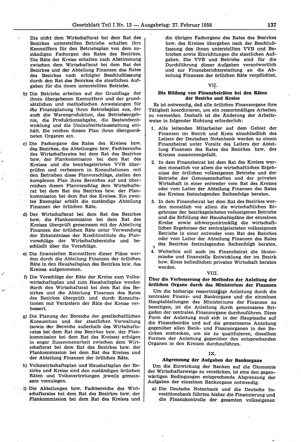 Gesetzblatt (GBl.) der Deutschen Demokratischen Republik (DDR) Teil Ⅰ 1958, Seite 137 (GBl. DDR Ⅰ 1958, S. 137)