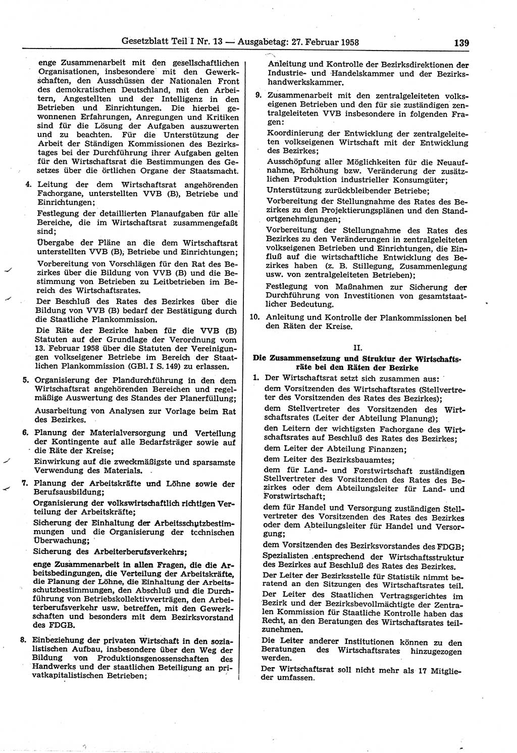 Gesetzblatt (GBl.) der Deutschen Demokratischen Republik (DDR) Teil Ⅰ 1958, Seite 139 (GBl. DDR Ⅰ 1958, S. 139)