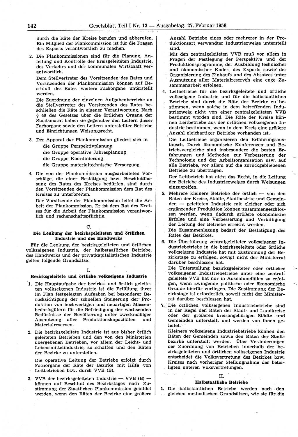Gesetzblatt (GBl.) der Deutschen Demokratischen Republik (DDR) Teil Ⅰ 1958, Seite 142 (GBl. DDR Ⅰ 1958, S. 142)