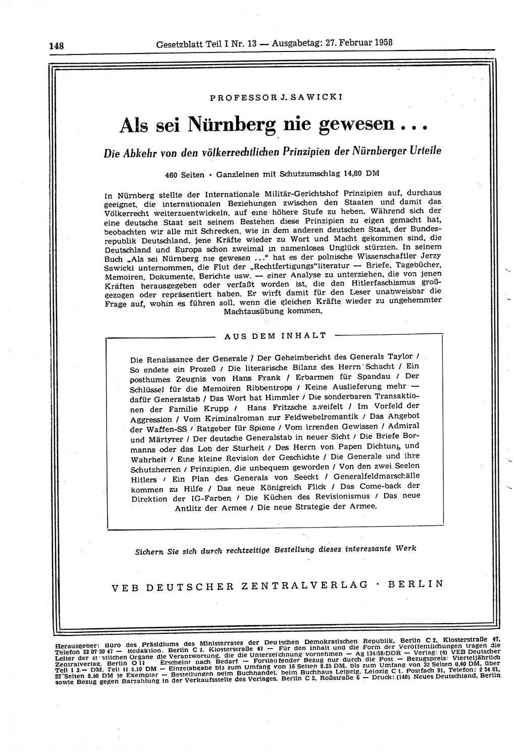 Gesetzblatt (GBl.) der Deutschen Demokratischen Republik (DDR) Teil Ⅰ 1958, Seite 148 (GBl. DDR Ⅰ 1958, S. 148)