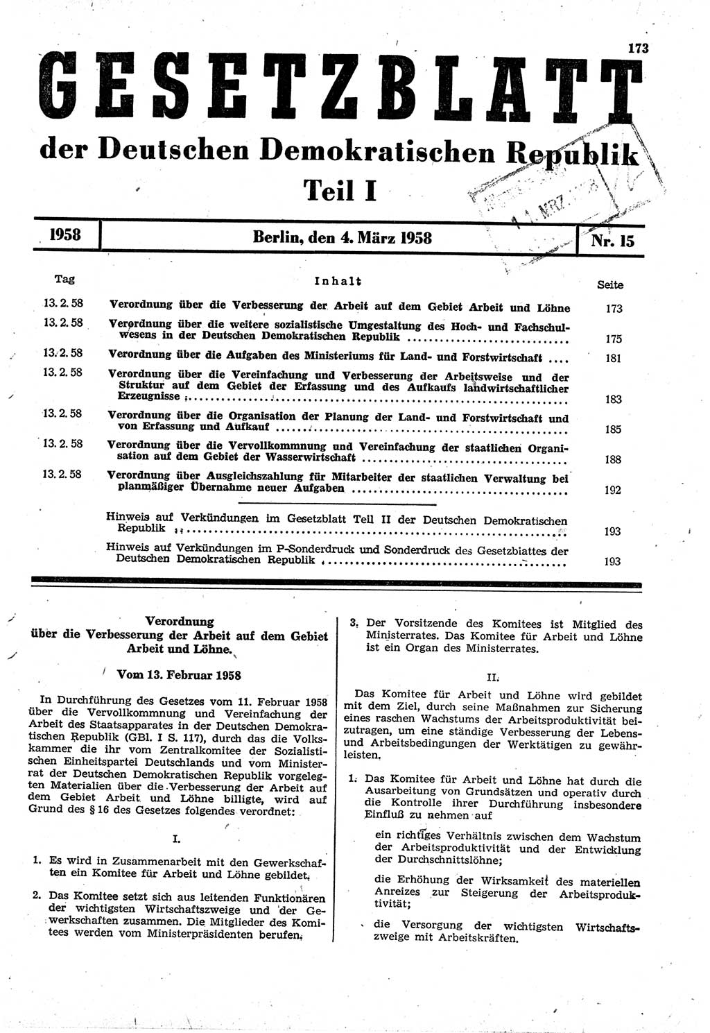 Gesetzblatt (GBl.) der Deutschen Demokratischen Republik (DDR) Teil Ⅰ 1958, Seite 173 (GBl. DDR Ⅰ 1958, S. 173)