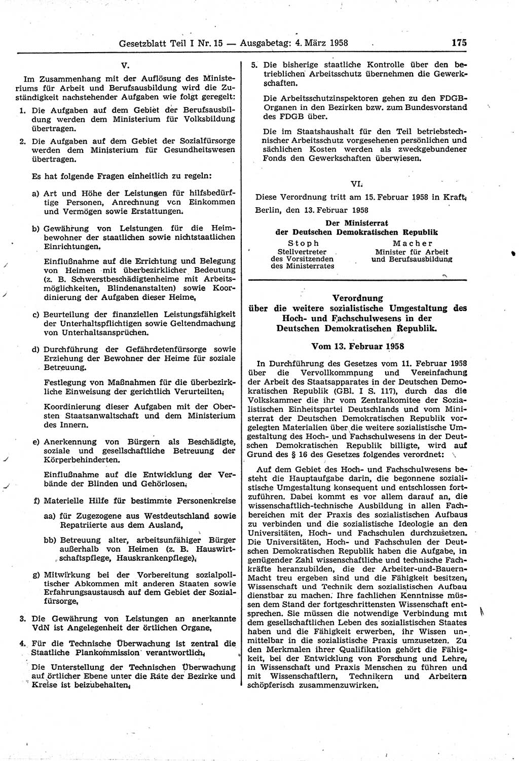 Gesetzblatt (GBl.) der Deutschen Demokratischen Republik (DDR) Teil Ⅰ 1958, Seite 175 (GBl. DDR Ⅰ 1958, S. 175)