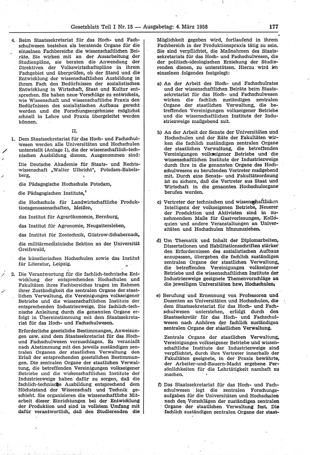 Gesetzblatt (GBl.) der Deutschen Demokratischen Republik (DDR) Teil Ⅰ 1958, Seite 177 (GBl. DDR Ⅰ 1958, S. 177)