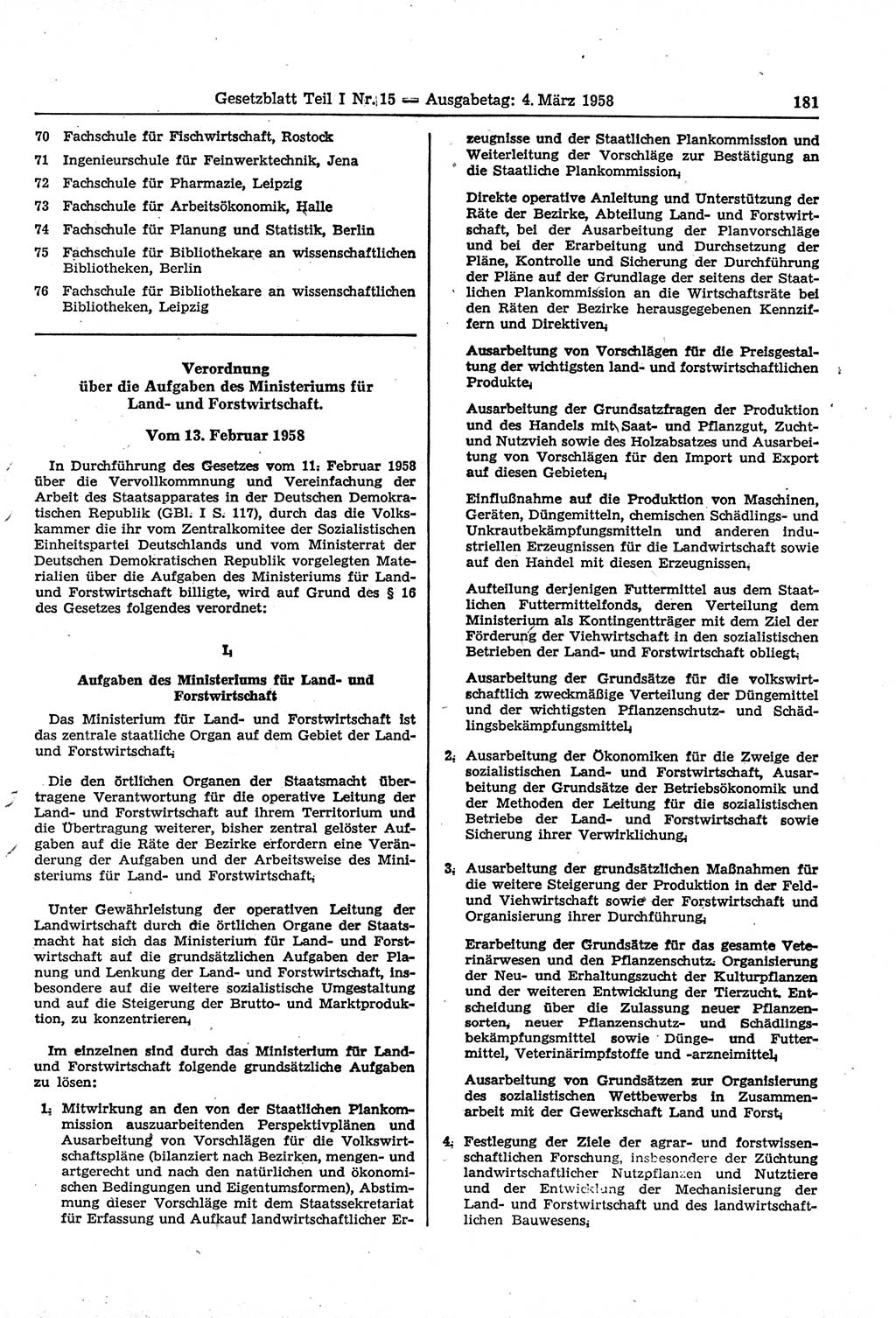 Gesetzblatt (GBl.) der Deutschen Demokratischen Republik (DDR) Teil Ⅰ 1958, Seite 181 (GBl. DDR Ⅰ 1958, S. 181)