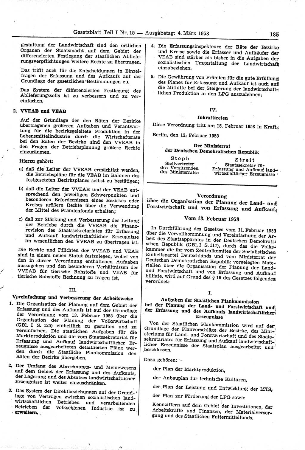 Gesetzblatt (GBl.) der Deutschen Demokratischen Republik (DDR) Teil Ⅰ 1958, Seite 185 (GBl. DDR Ⅰ 1958, S. 185)
