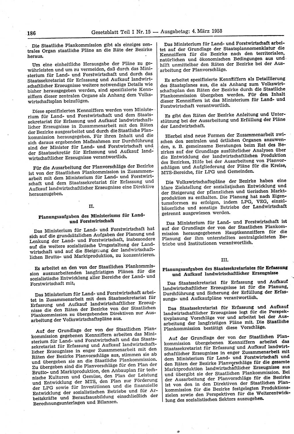 Gesetzblatt (GBl.) der Deutschen Demokratischen Republik (DDR) Teil Ⅰ 1958, Seite 186 (GBl. DDR Ⅰ 1958, S. 186)