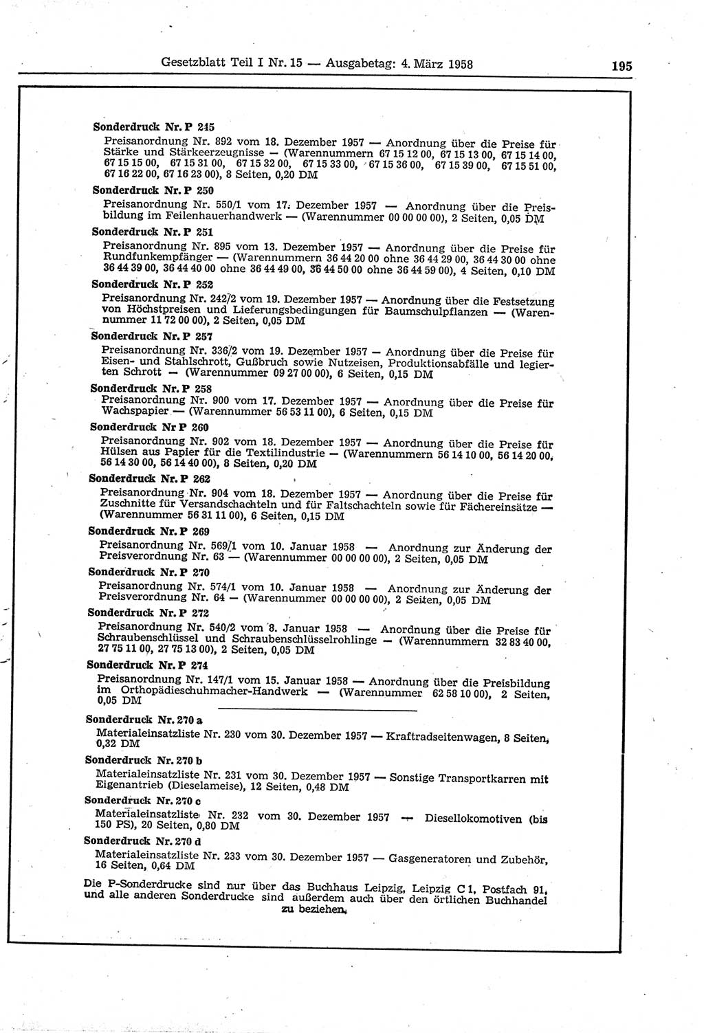 Gesetzblatt (GBl.) der Deutschen Demokratischen Republik (DDR) Teil Ⅰ 1958, Seite 195 (GBl. DDR Ⅰ 1958, S. 195)