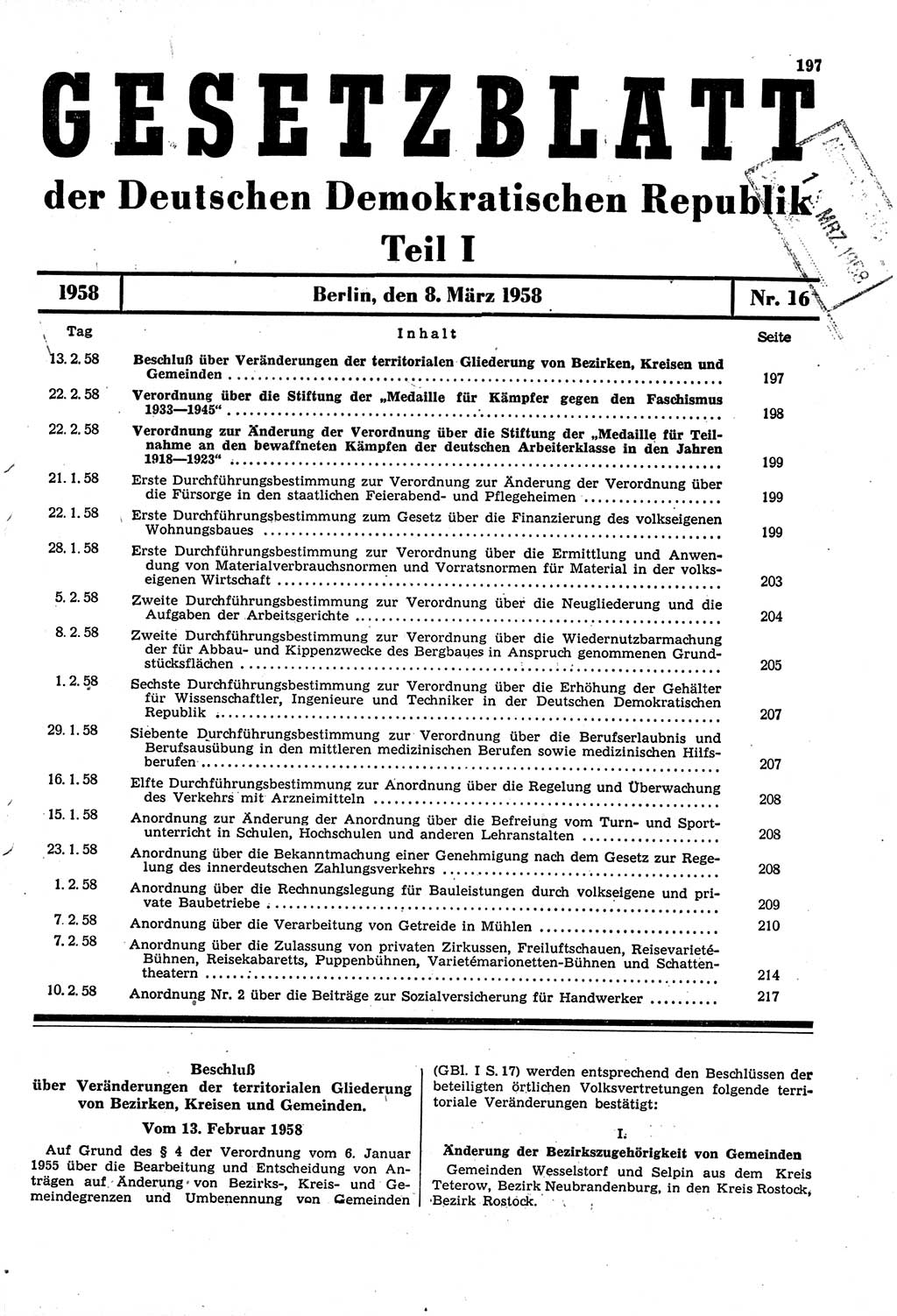 Gesetzblatt (GBl.) der Deutschen Demokratischen Republik (DDR) Teil Ⅰ 1958, Seite 197 (GBl. DDR Ⅰ 1958, S. 197)