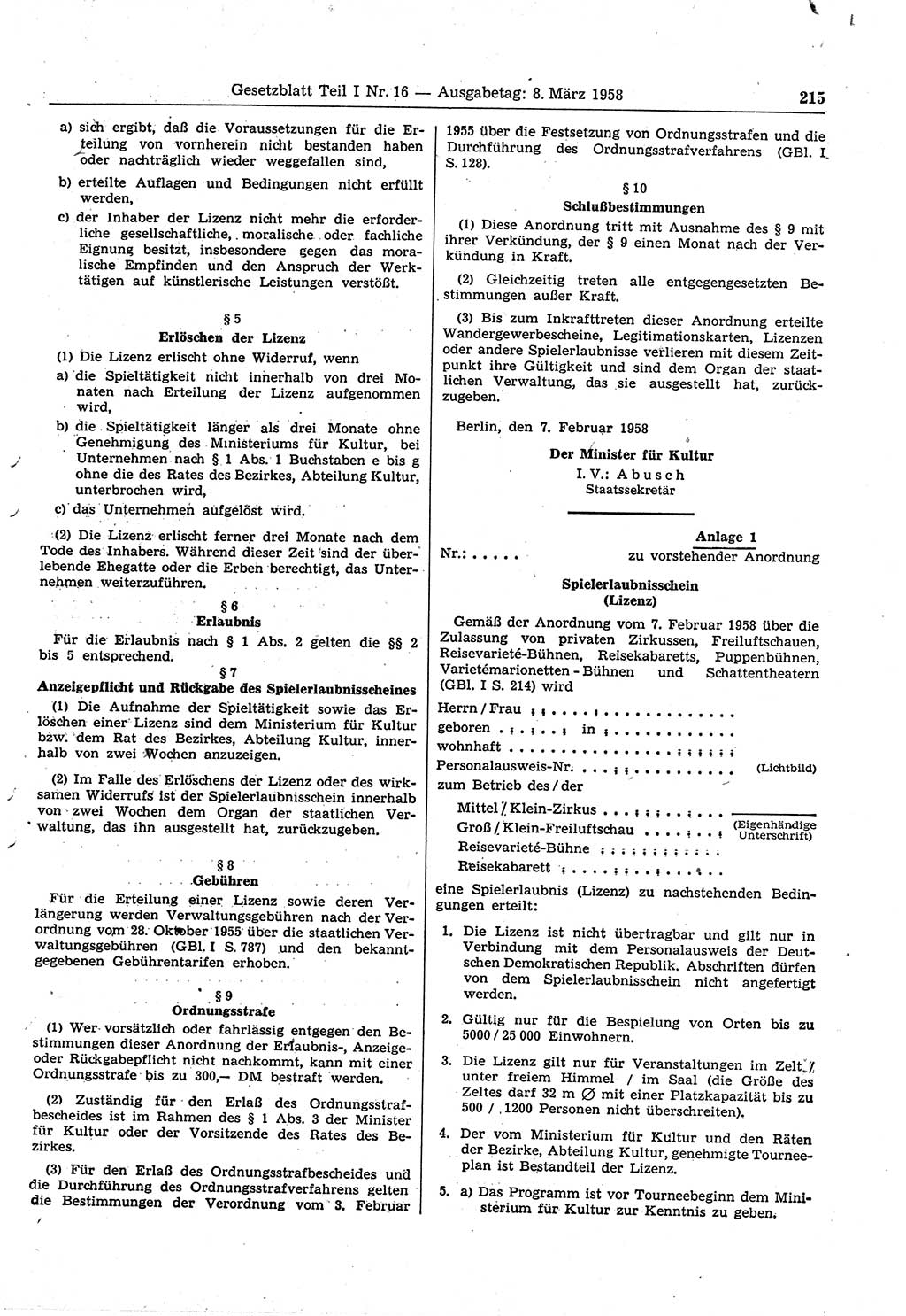 Gesetzblatt (GBl.) der Deutschen Demokratischen Republik (DDR) Teil Ⅰ 1958, Seite 215 (GBl. DDR Ⅰ 1958, S. 215)