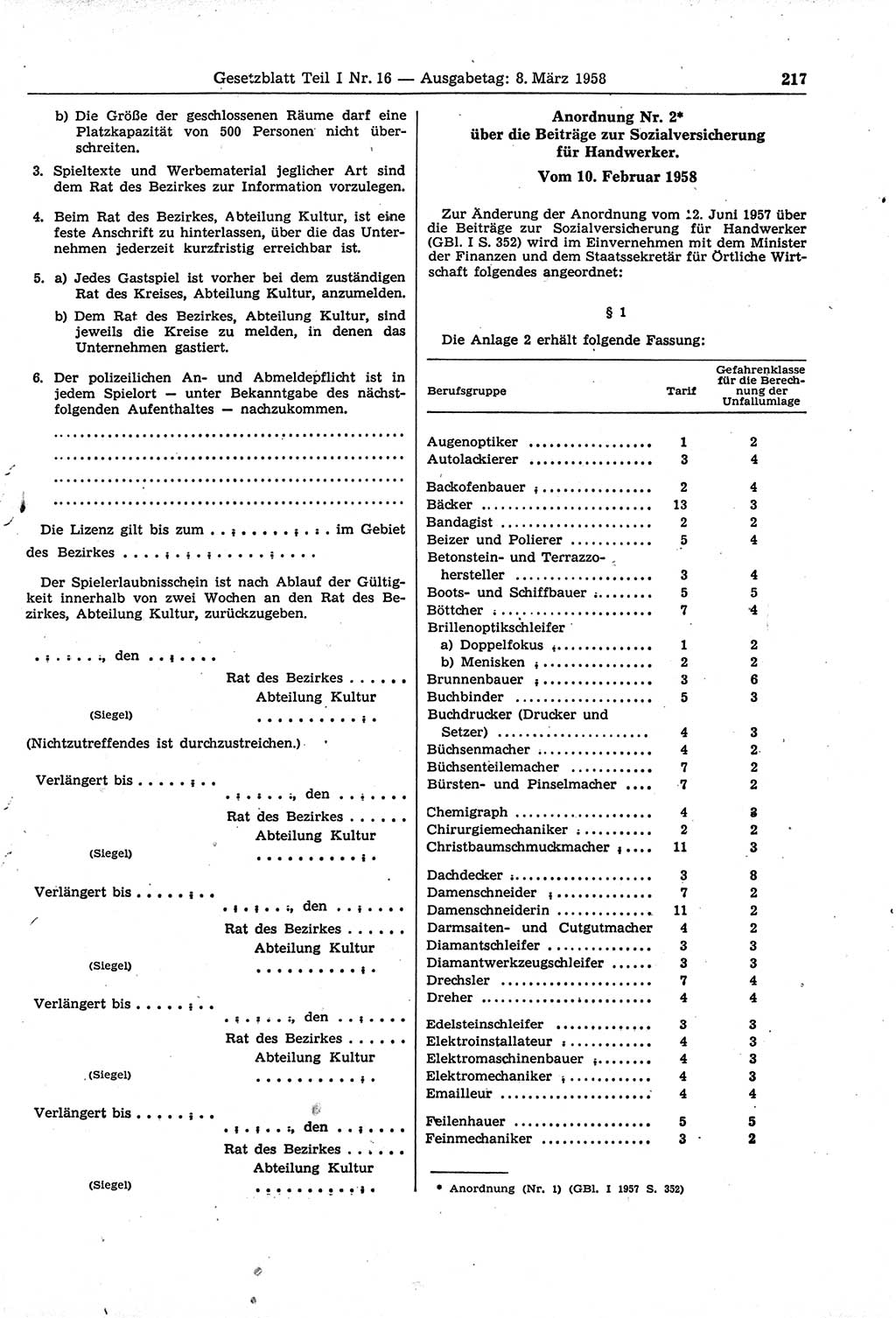 Gesetzblatt (GBl.) der Deutschen Demokratischen Republik (DDR) Teil Ⅰ 1958, Seite 217 (GBl. DDR Ⅰ 1958, S. 217)