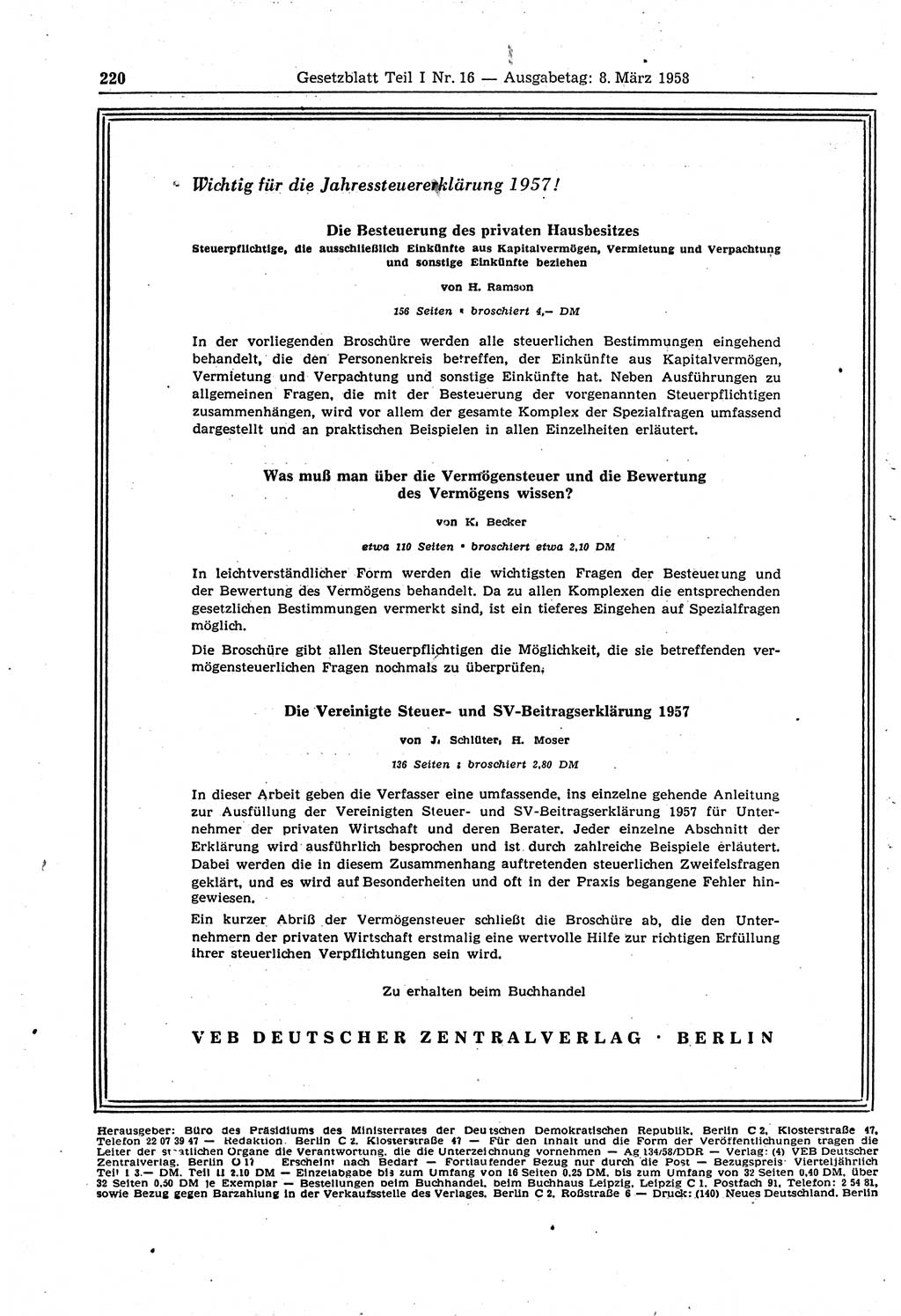 Gesetzblatt (GBl.) der Deutschen Demokratischen Republik (DDR) Teil Ⅰ 1958, Seite 220 (GBl. DDR Ⅰ 1958, S. 220)