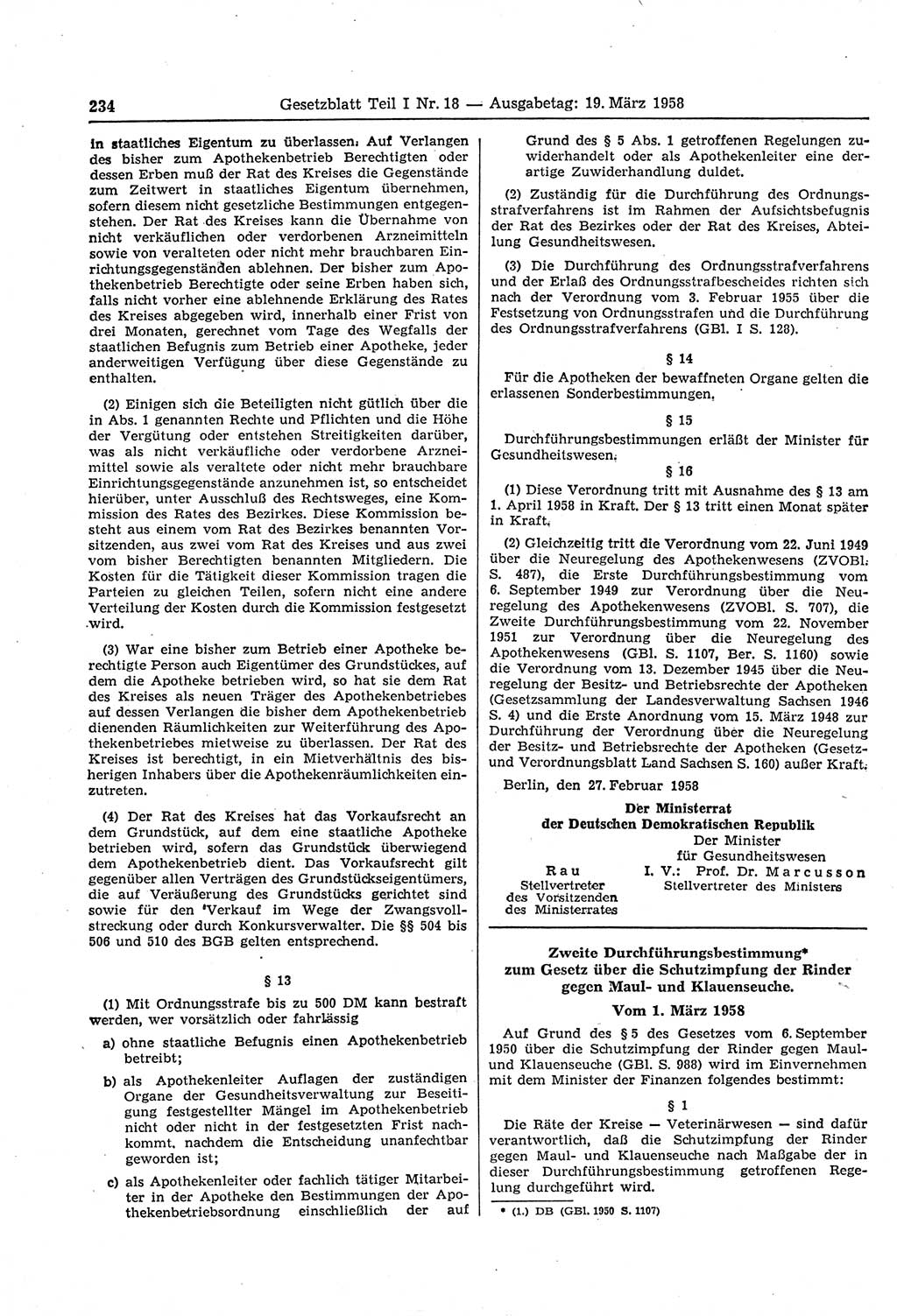 Gesetzblatt (GBl.) der Deutschen Demokratischen Republik (DDR) Teil Ⅰ 1958, Seite 234 (GBl. DDR Ⅰ 1958, S. 234)