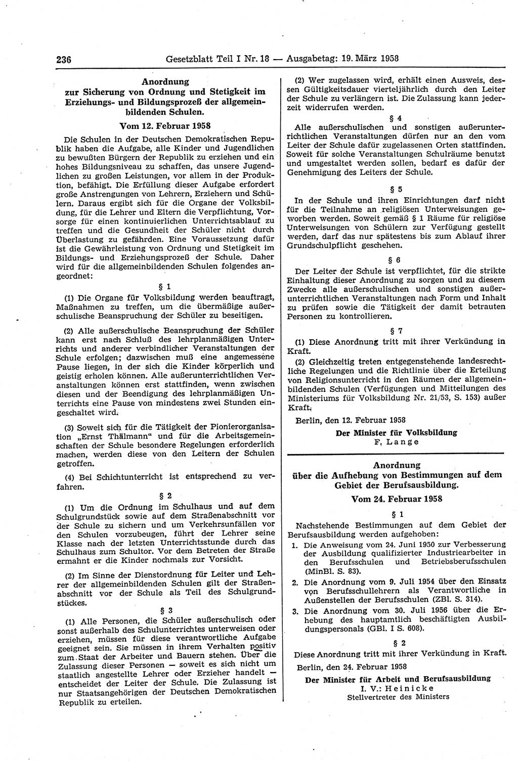 Gesetzblatt (GBl.) der Deutschen Demokratischen Republik (DDR) Teil Ⅰ 1958, Seite 236 (GBl. DDR Ⅰ 1958, S. 236)