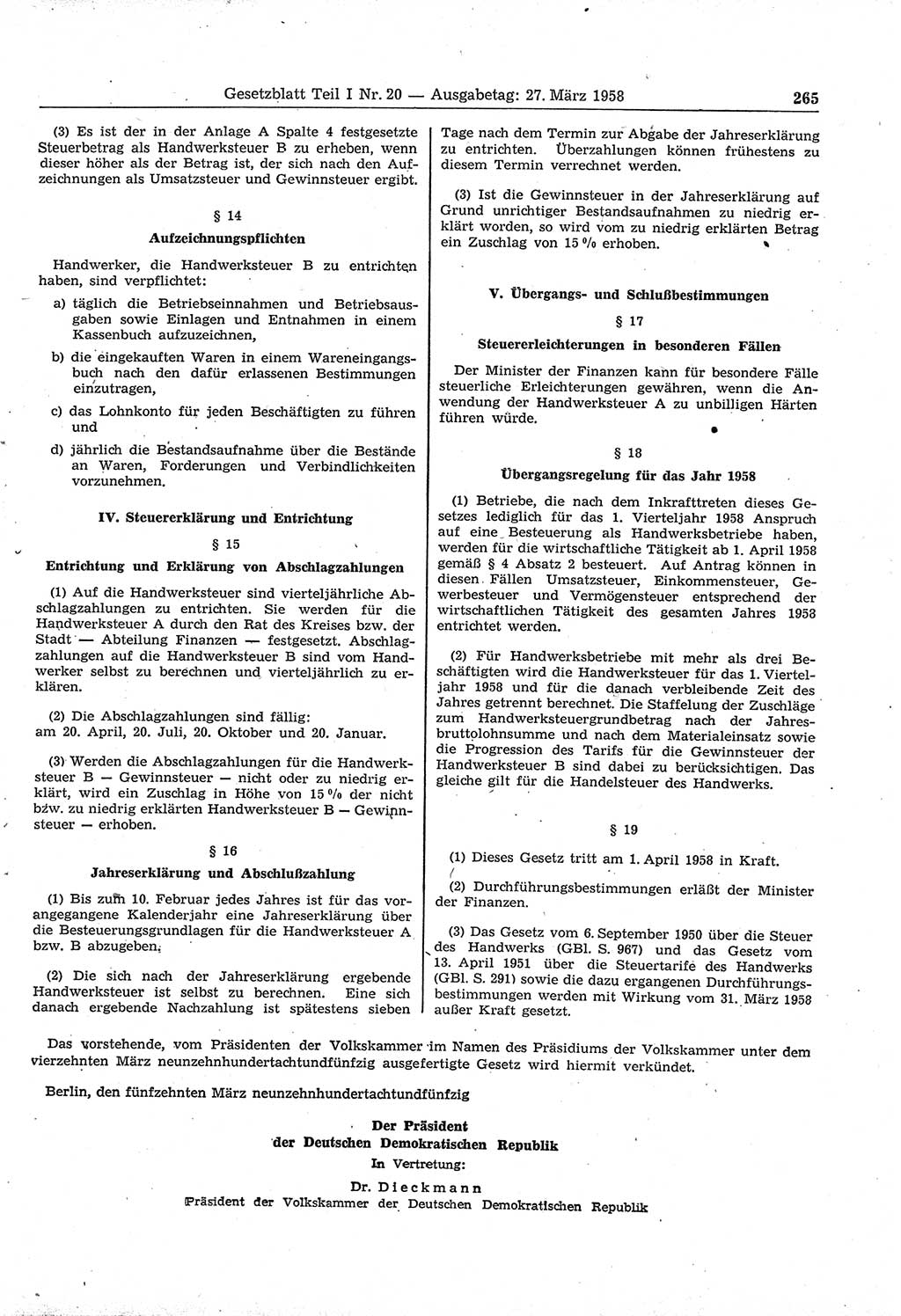 Gesetzblatt (GBl.) der Deutschen Demokratischen Republik (DDR) Teil Ⅰ 1958, Seite 265 (GBl. DDR Ⅰ 1958, S. 265)